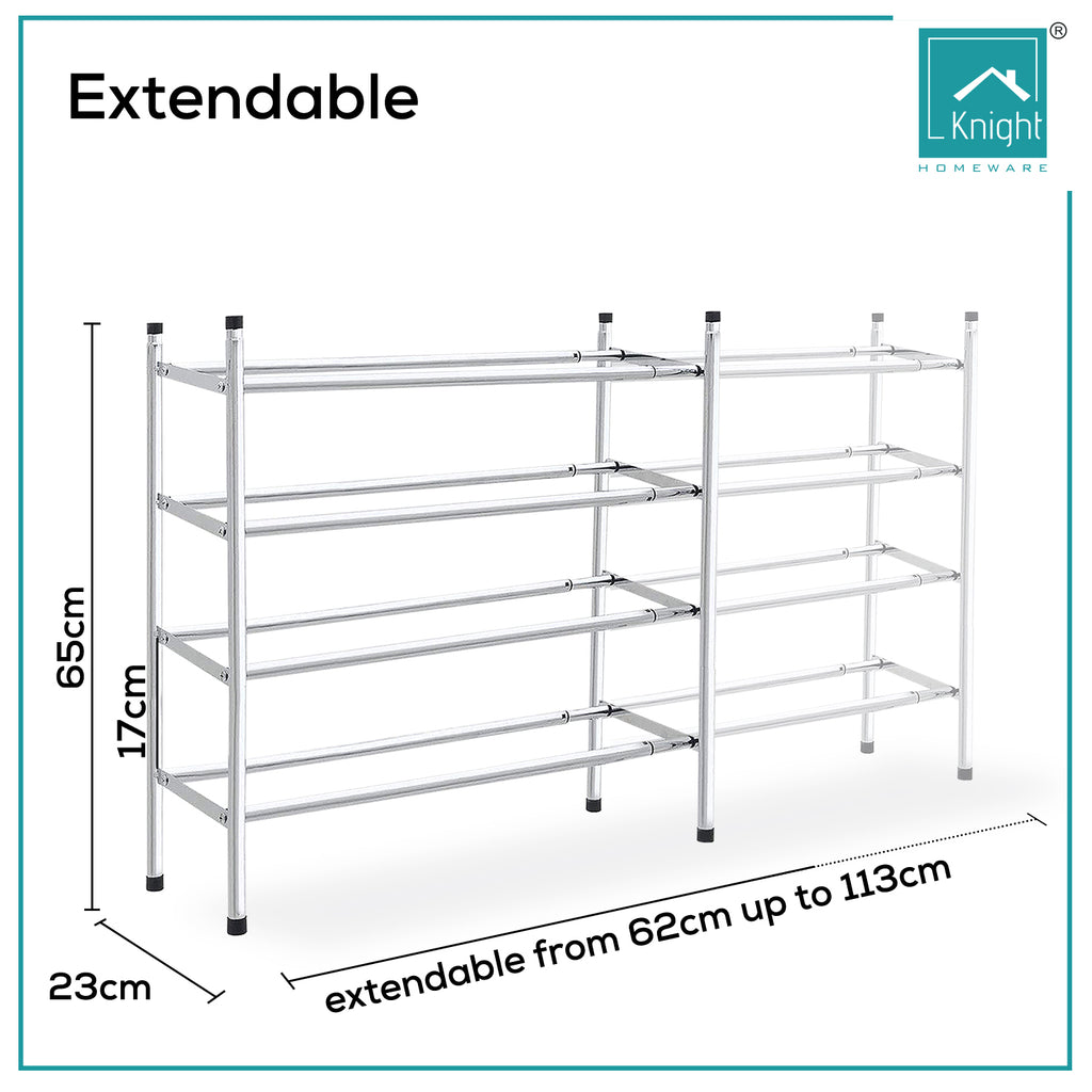 Knight 4 Tier Extendable Shoe Rack | Stackable Shoe Storage Holds 24 Pairs of Shoes | Adjustable Shoe Organisers for Home, Office, Conservatory, Hall | Chrome | 66(L) x113(H) x 23(W).