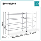 Knight 4 Tier Extendable Shoe Rack | Stackable Shoe Storage Holds 24 Pairs of Shoes | Adjustable Shoe Organisers for Home, Office, Conservatory, Hall | Chrome | 66(L) x113(H) x 23(W).