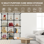 Knight 12 Cube Interlocking Storage Rack with Metal Wire Mesh Shelves Multifunctional Wire Fence Display Stand Unit Cabinet Large Capacity Free Rubber Mallet 123 x 93 x 31 cm Black