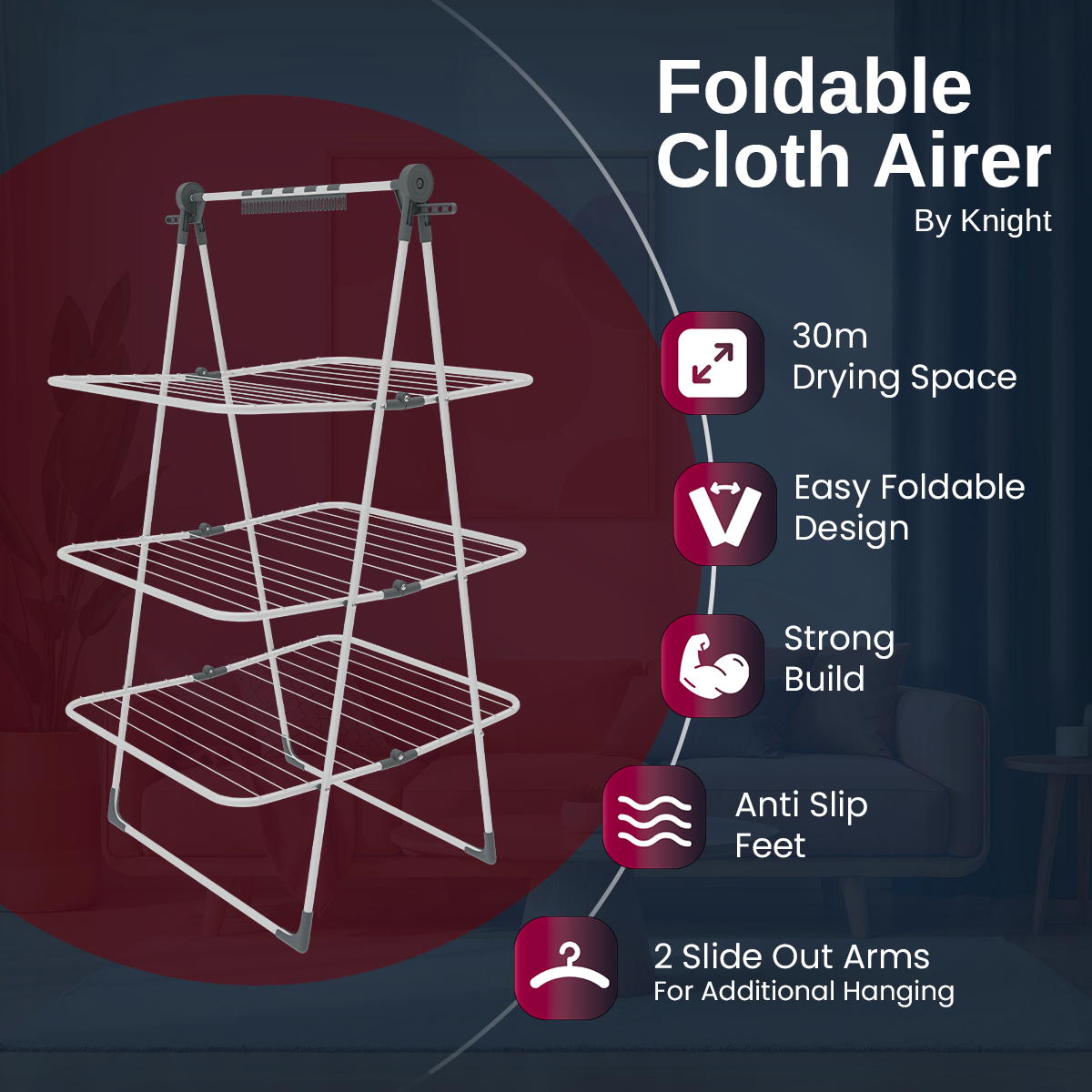 KNIGHT 3‑Tier Clothes Airer – 30m Drying Space, White Grey