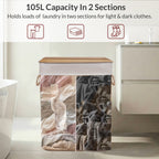 Knight Bamboo Laundry Hamper 105L - Dual Compartment Basket, Removable & Washable Liner, Foldable, Natural, for Bedroom & Bathroom, 52x32x63cm  ( Natural)