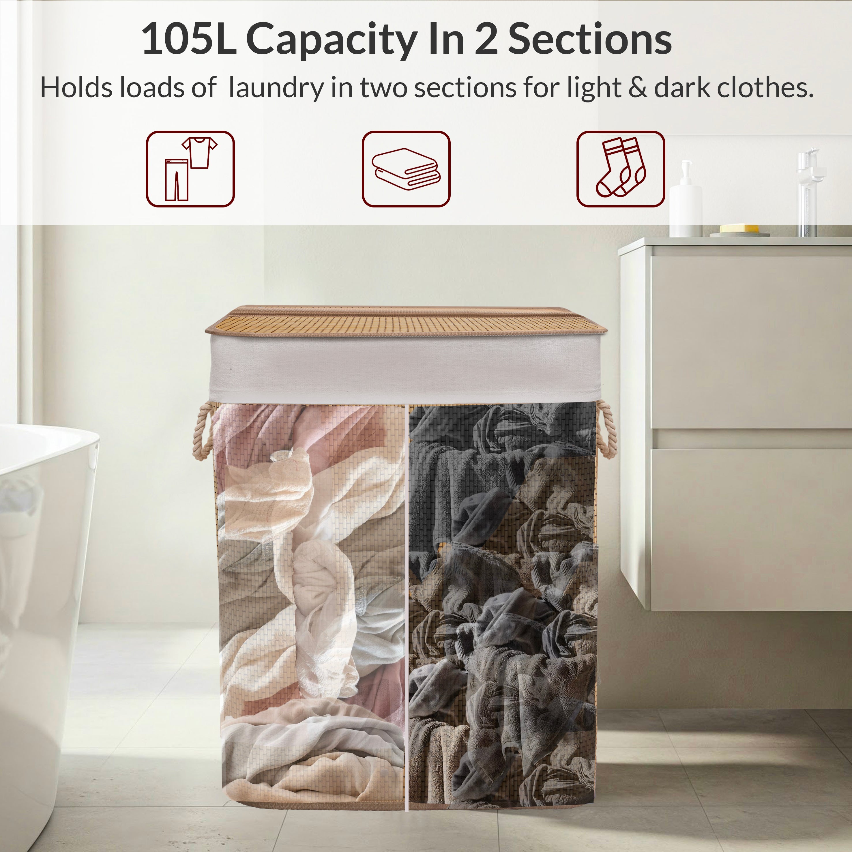 Knight Bamboo Laundry Hamper 105L - Dual Compartment Basket, Removable & Washable Liner, Foldable, Natural, for Bedroom & Bathroom, 52x32x63cm  ( Natural)