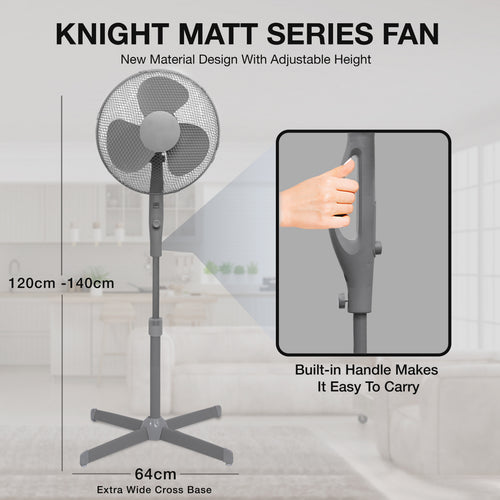 Knight 16" Pedestal Stand Fan With 3 Speed Rotary Knob, Extra Wide Cross Base, Oscillation & Tilting Head, 1.4m Height Adjustment, Quiet Operation Fan For Home, Bedroom & Kitchen - Matt Grey [Energy Class A+++]