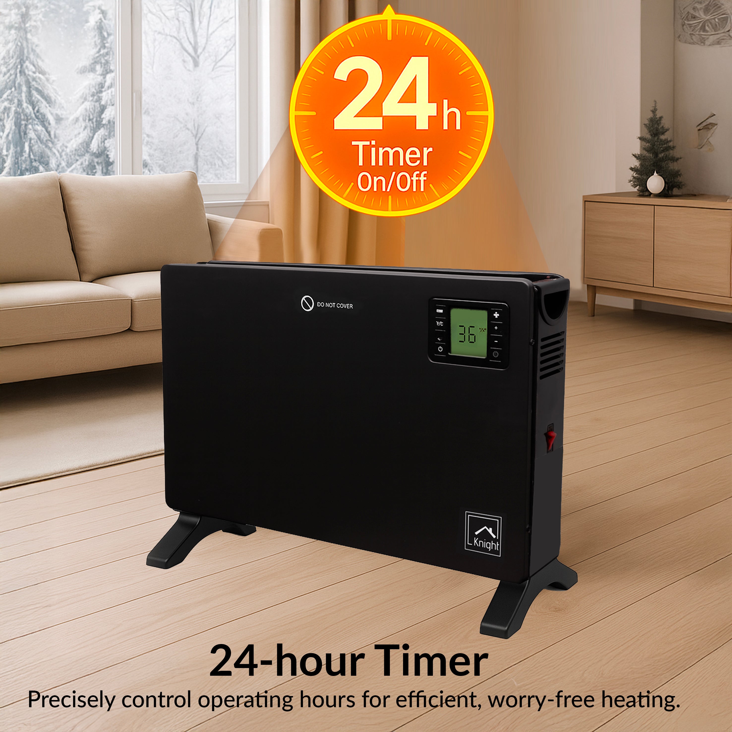 Knight Convector Heater with Remote Control & Timer, Turbo Fan, Freestanding Floor Heater with LED Display, Touch Control Panel, Overheat Protection & Carry Handles – Matt Black