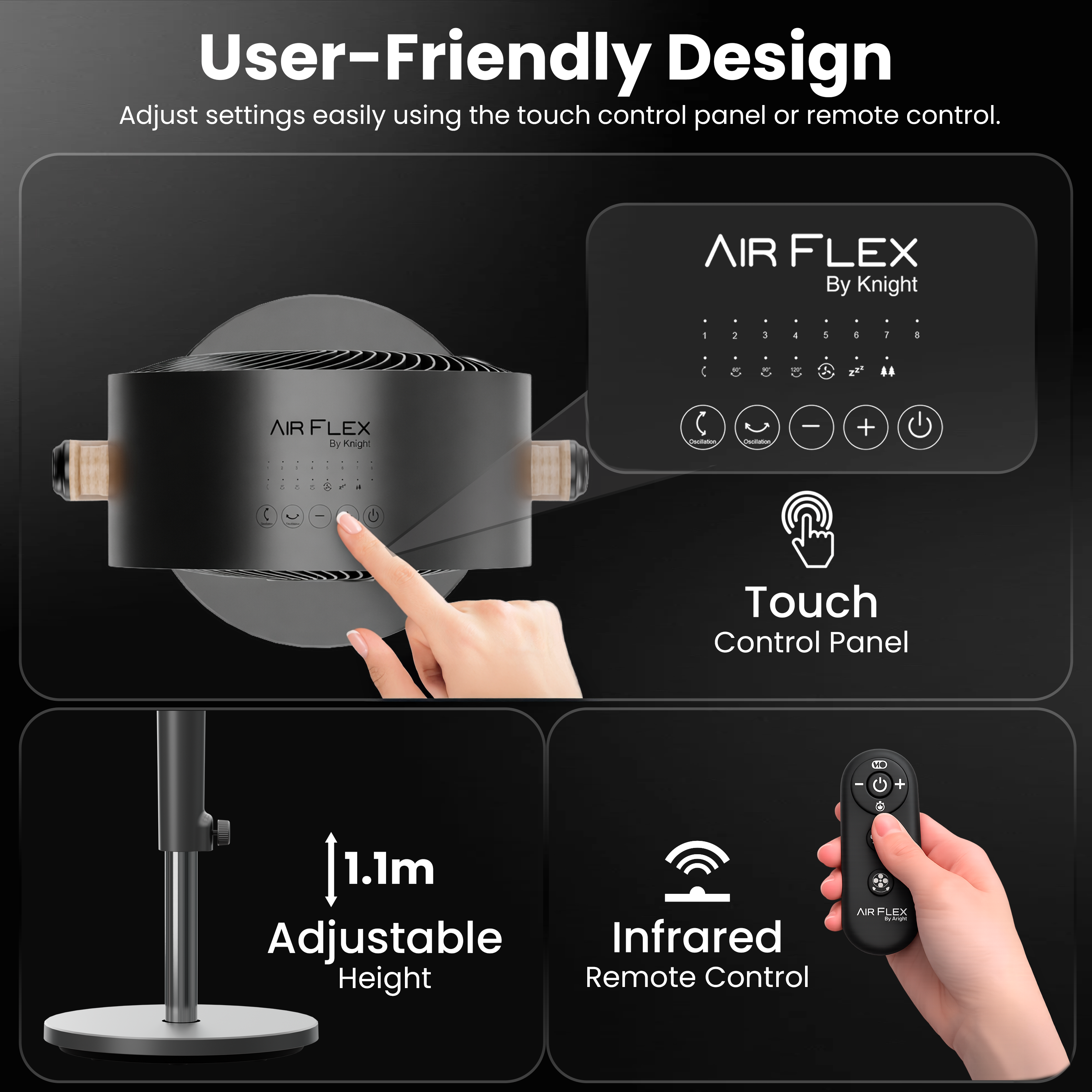 Knight AirFlex 360º Cooling Pedestal Fan with Remote Control 45” Silent DC Motor Floor Fan 8 Wind Speed 8 Hours Timer 120º Vertical & Horizontal Dual Oscillation Adjustable Height Fan for Bedroom [Energy Class A+++]