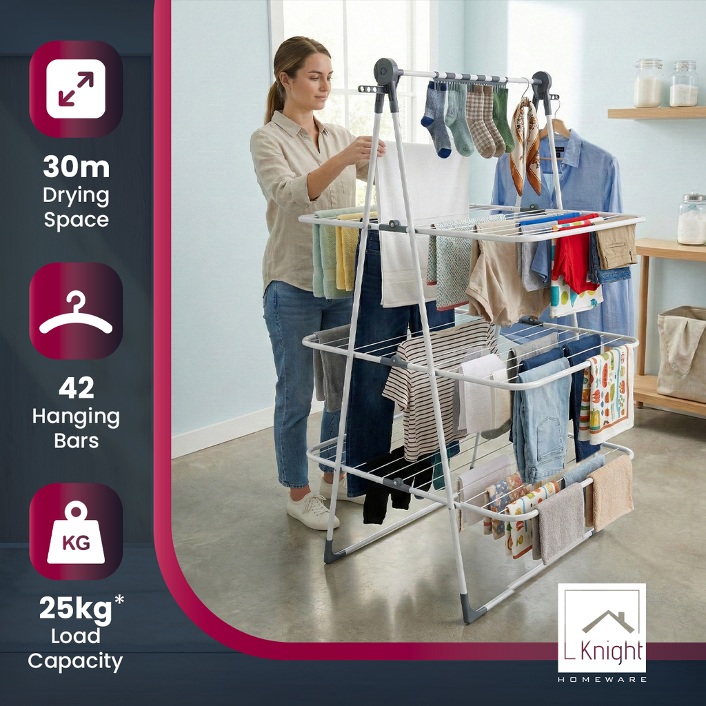 Knight 3 Tier Clothes Airer, 30m Drying Space, Free Standing Foldaway Clothes Drying Rack, Laundry Drying, Non Slip Feet, Extra Hanging Bar with Socks Clip, Space Saving Patent Design (White & Grey)