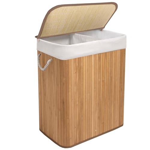 923140-KNIGHT Bamboo Laundry Hamper 105L - Dual Compartment Basket, With Removable & Washable Liner_Natural