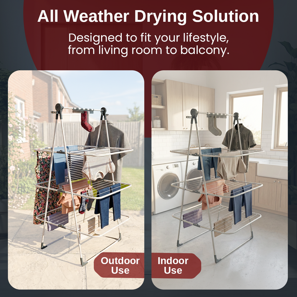 Knight 3 Tier Clothes Airer, 30m Drying Space, Free Standing Foldaway Clothes Drying Rack, Laundry Drying, Non Slip Feet, Extra Hanging Bar with Socks Clip, Space Saving Patent Design (White & Grey)