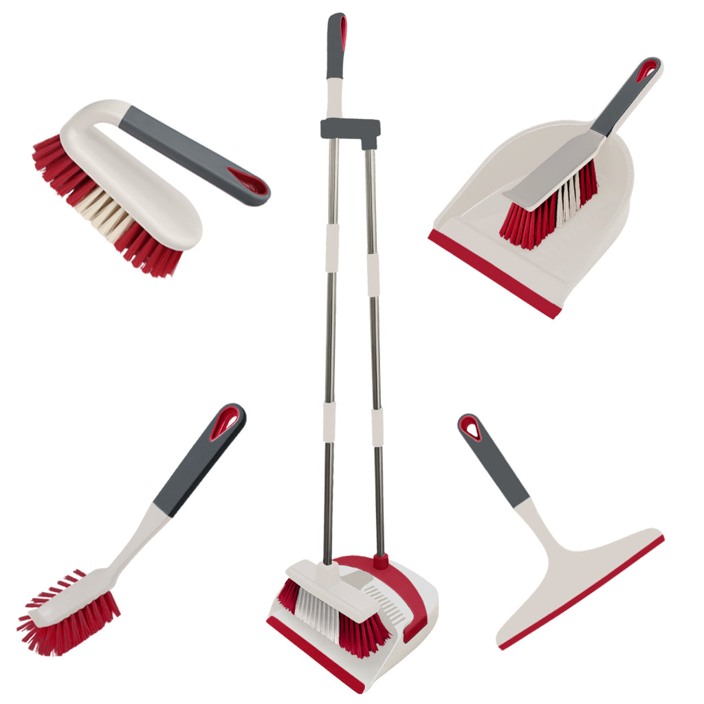 923805-KNIGHT All-in-one 5-Piece Household Cleaning Brush Set - Ivory/Red