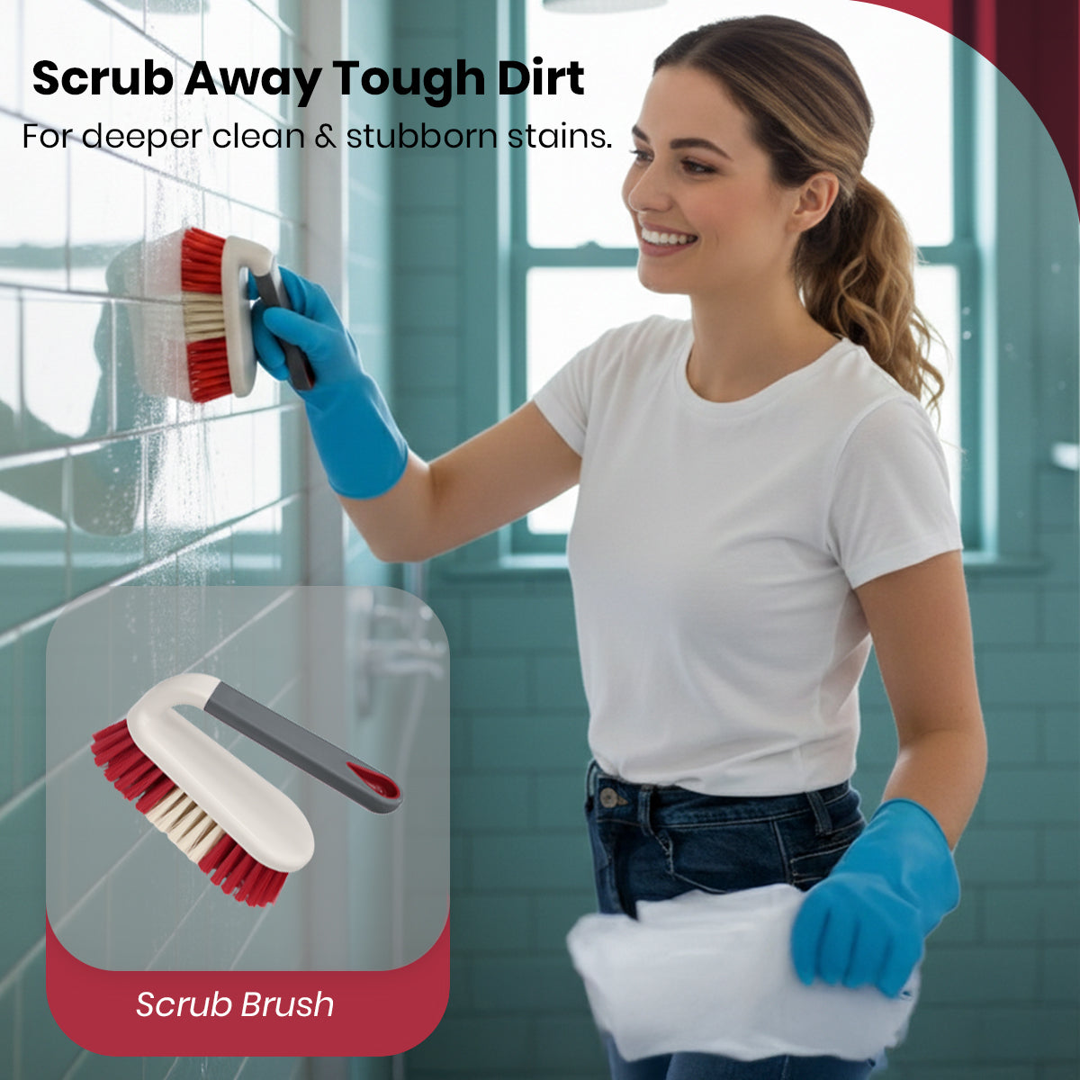 923805-KNIGHT All-in-one 5-Piece Household Cleaning Brush Set - Ivory/Red
