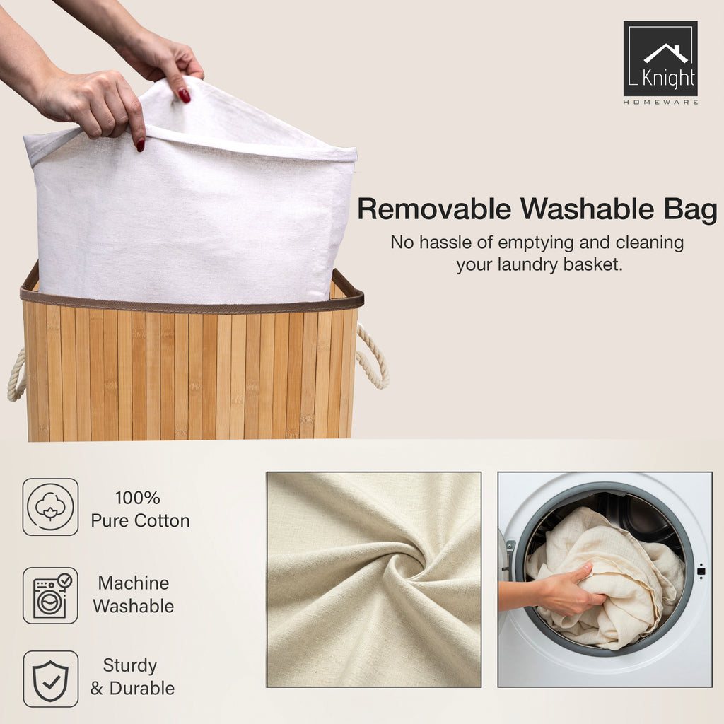 KNIGHT Bamboo Laundry Basket 56L – Premium Laundry Hamper with Removable Washable Lining | Natural Bamboo
