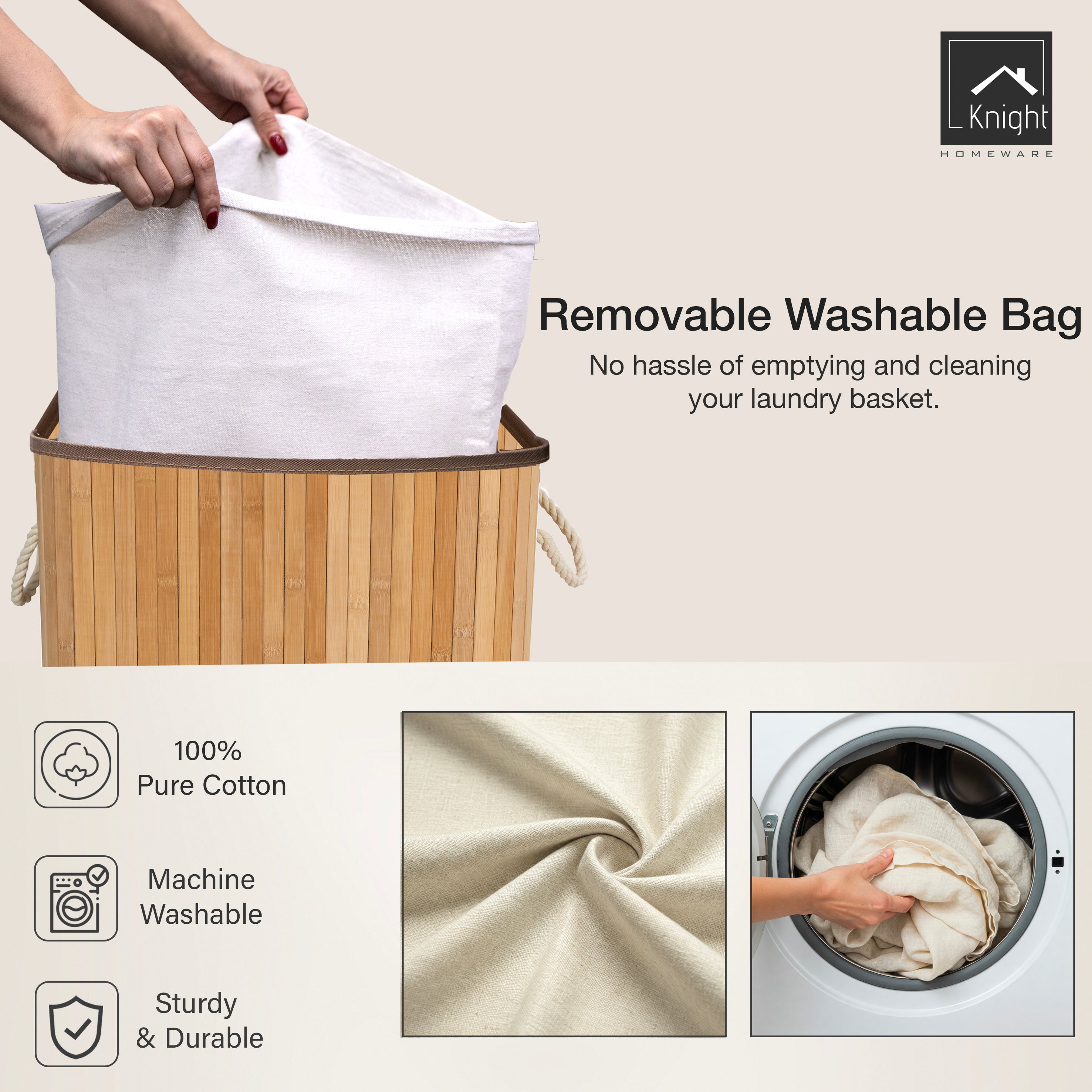 KNIGHT Bamboo Laundry Basket 56L – Premium Laundry Hamper with Removable Washable Lining | Natural Bamboo