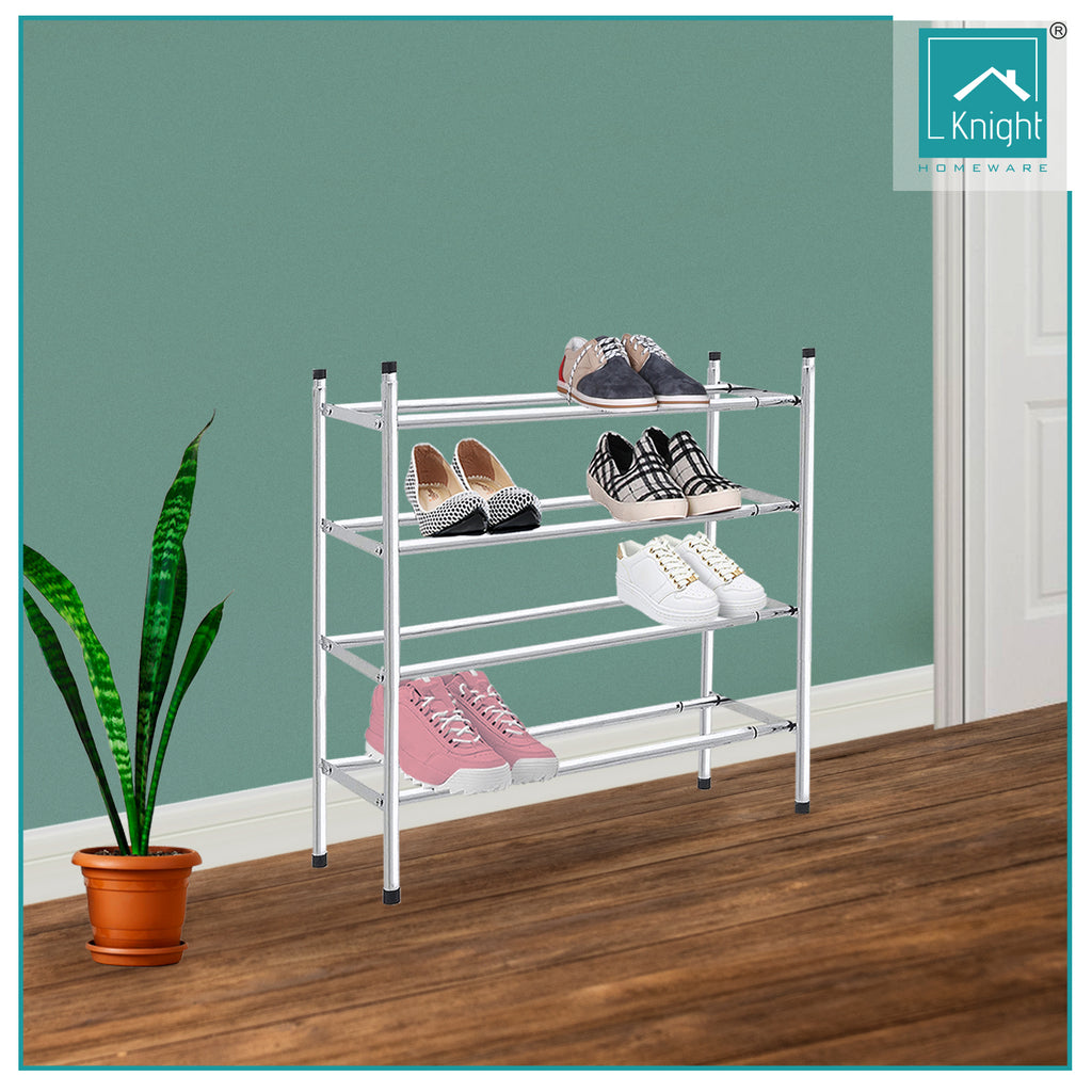 Knight 4 Tier Extendable Shoe Rack | Stackable Shoe Storage Holds 24 Pairs of Shoes | Adjustable Shoe Organisers for Home, Office, Conservatory, Hall | Chrome | 66(L) x113(H) x 23(W).