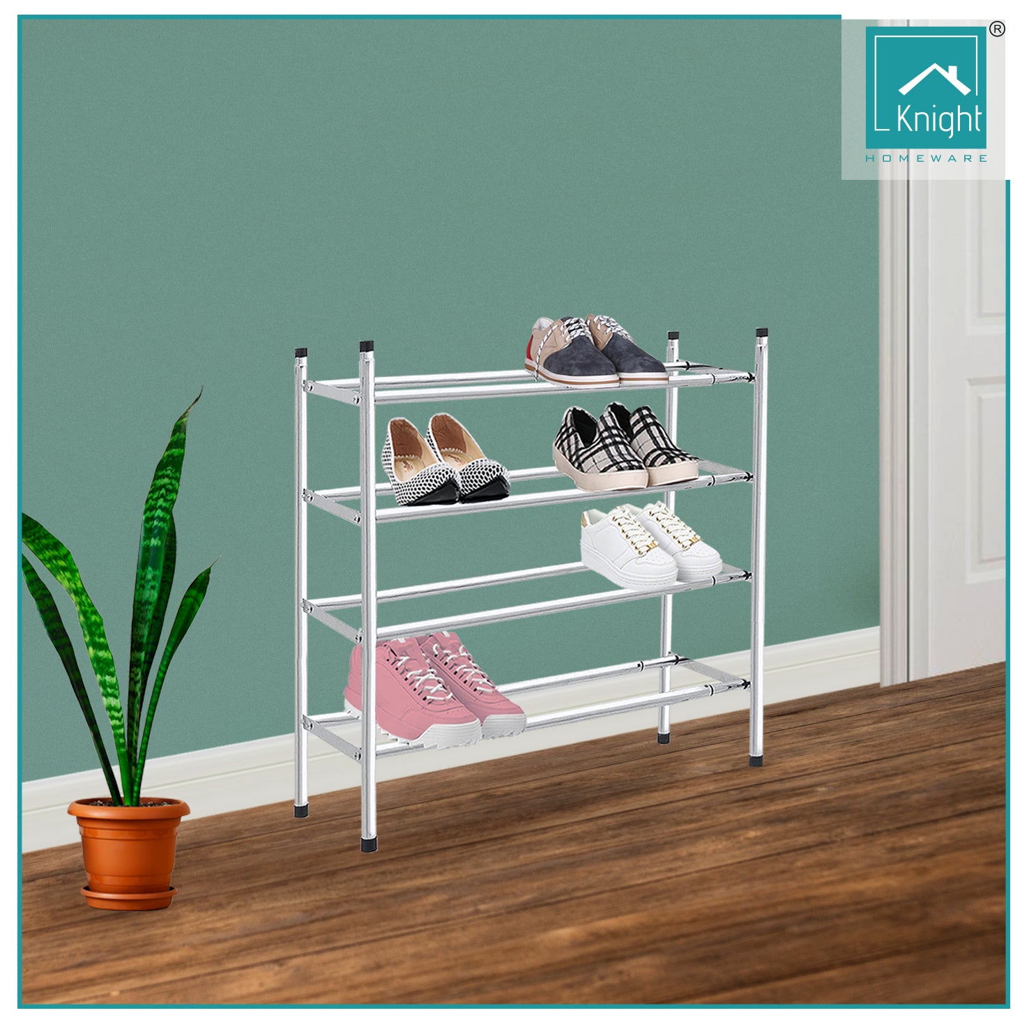 Knight 4 Tier Extendable Shoe Rack | Stackable Shoe Storage Holds 24 Pairs of Shoes | Adjustable Shoe Organisers for Home, Office, Conservatory, Hall | Chrome | 66(L) x113(H) x 23(W).