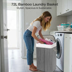 KNIGHT Bamboo Laundry Basket, 72L Laundry Hamper with Removable Washable Lining – Grey