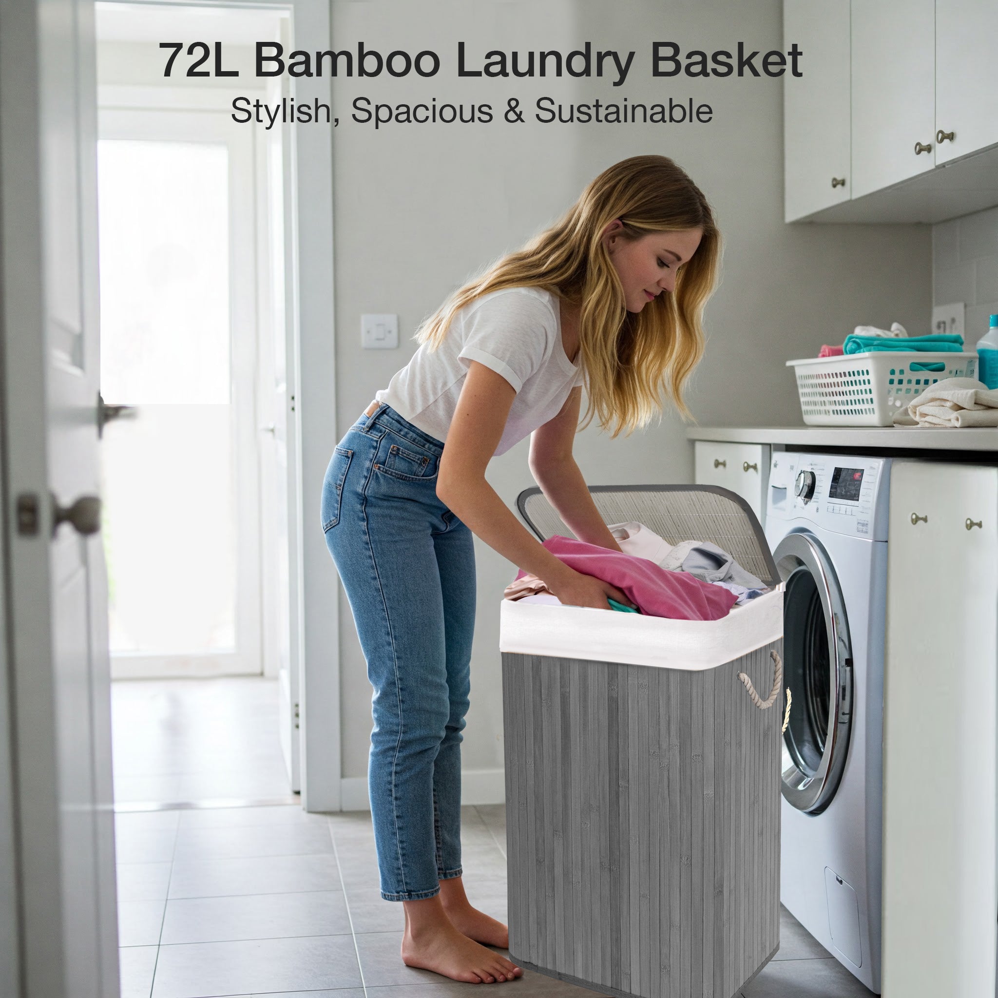 KNIGHT Bamboo Laundry Basket, 72L Laundry Hamper with Removable Washable Lining – Grey