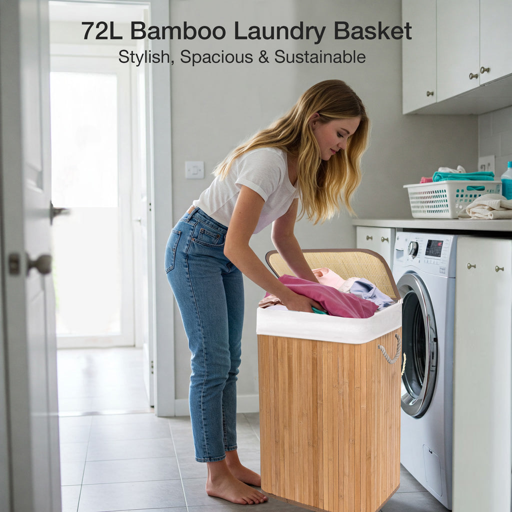 KNIGHT Bamboo Laundry Basket, 72L Laundry Hamper with Removable Washable Lining – Natural