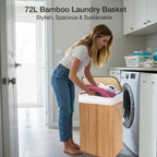 KNIGHT Bamboo Laundry Basket, 72L Laundry Hamper with Removable Washable Lining – Natural