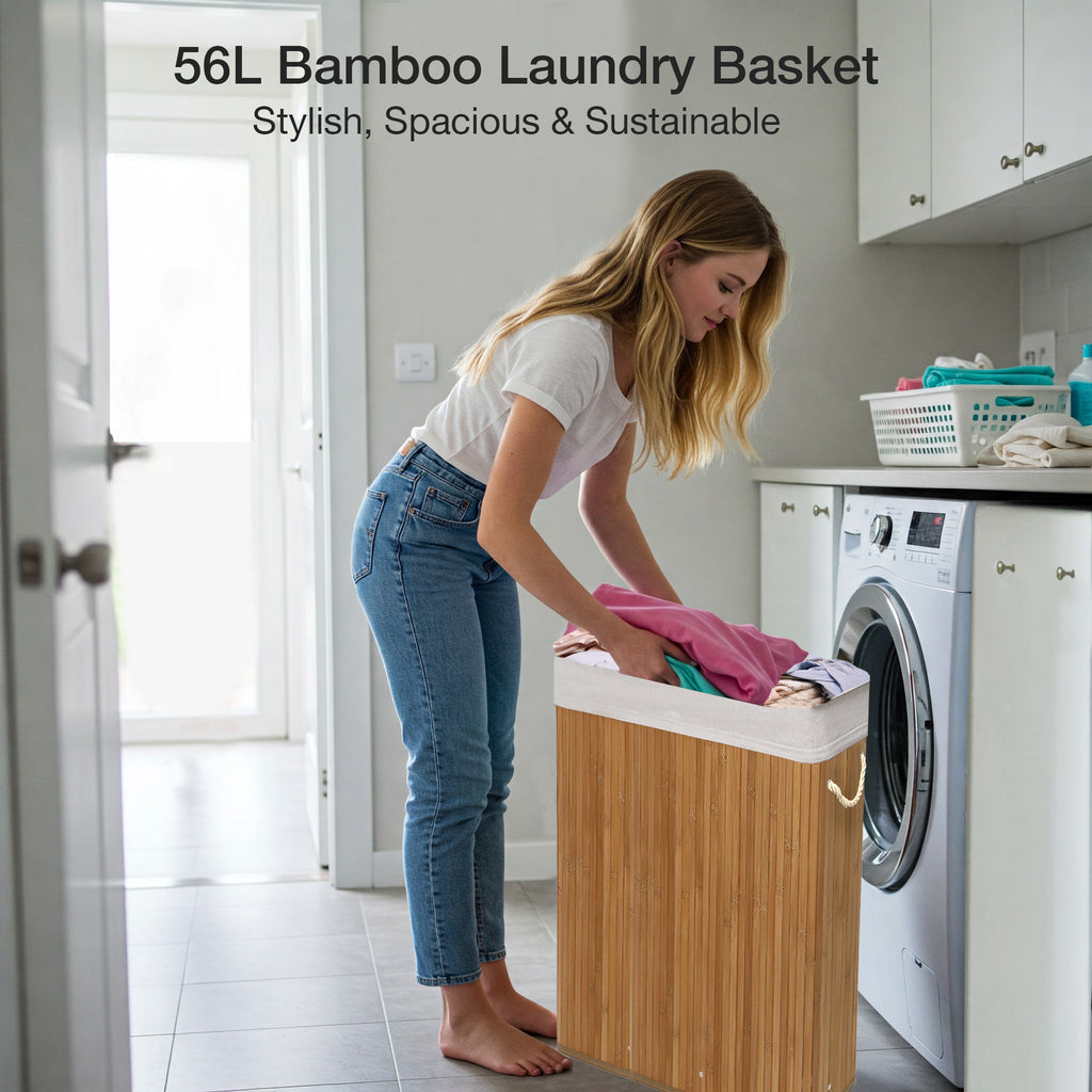 KNIGHT Bamboo Laundry Basket 56L – Premium Laundry Hamper with Removable Washable Lining | Natural Bamboo