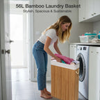 KNIGHT Bamboo Laundry Basket 56L – Premium Laundry Hamper with Removable Washable Lining | Natural Bamboo