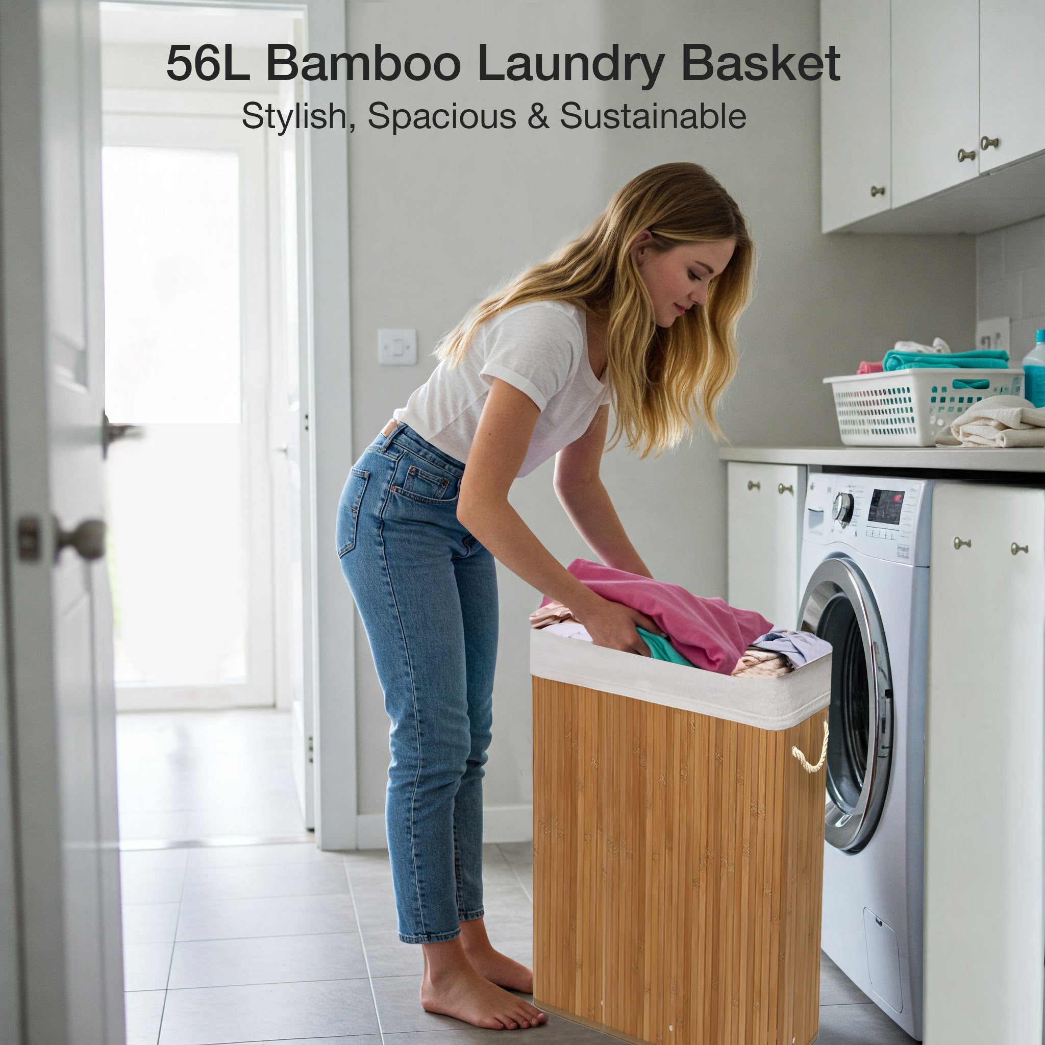KNIGHT Bamboo Laundry Basket 56L – Premium Laundry Hamper with Removable Washable Lining | Natural Bamboo