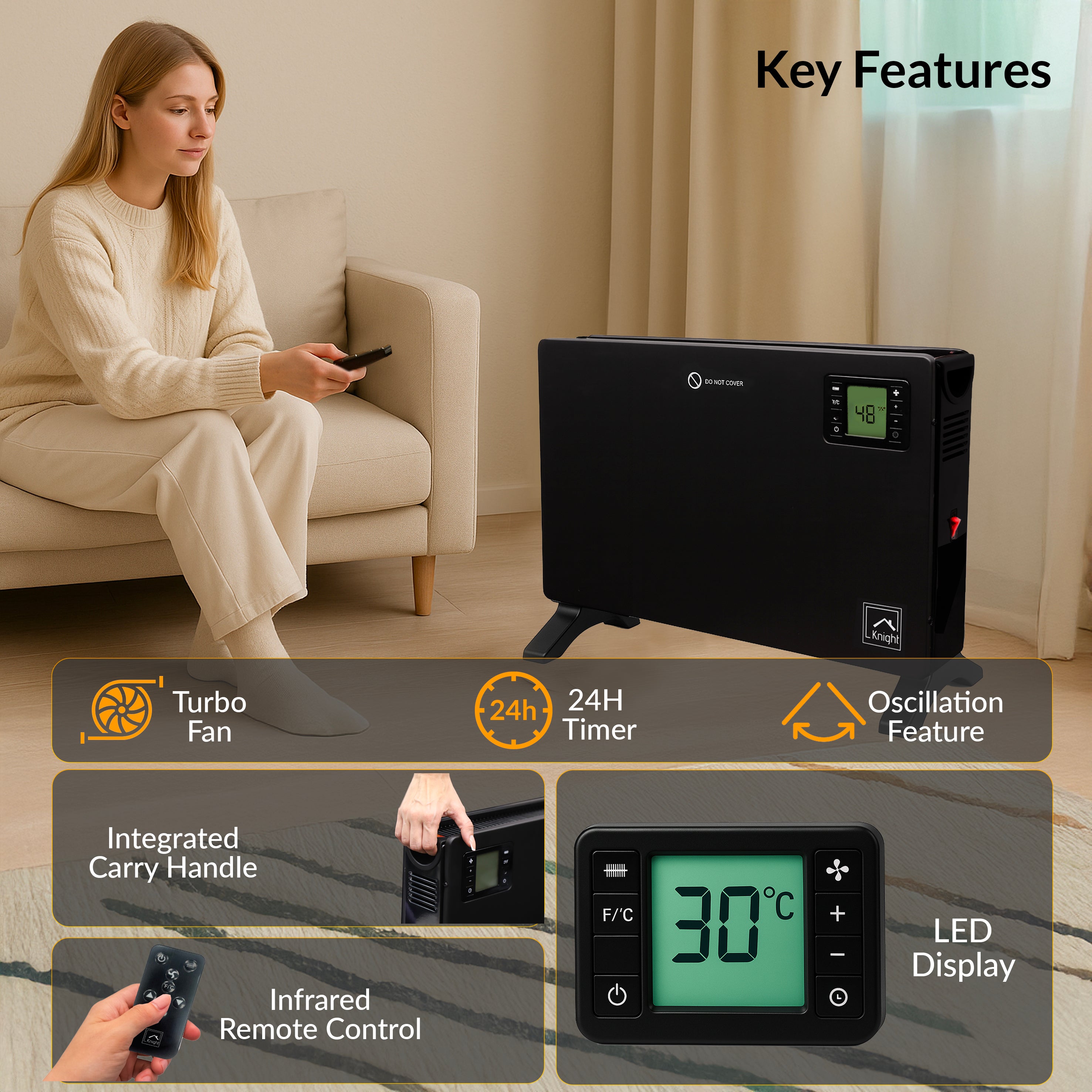Knight Convector Heater with Remote Control & Timer, Turbo Fan, Freestanding Floor Heater with LED Display, Touch Control Panel, Overheat Protection & Carry Handles – Matt Black