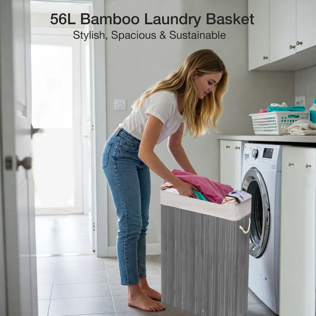 Knight Bamboo Laundry Basket with Lid, 56L Slim Laundry Hamper with Handles & Removeable Washable Lining, Easy Assemble Storage Bin 44x20x60 cm (Grey)