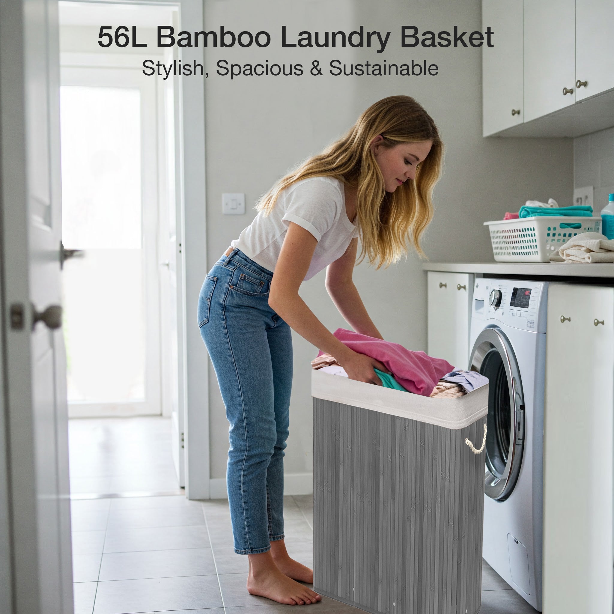 Knight Bamboo Laundry Basket with Lid, 56L Slim Laundry Hamper with Handles & Removeable Washable Lining, Easy Assemble Storage Bin 44x20x60 cm (Grey)