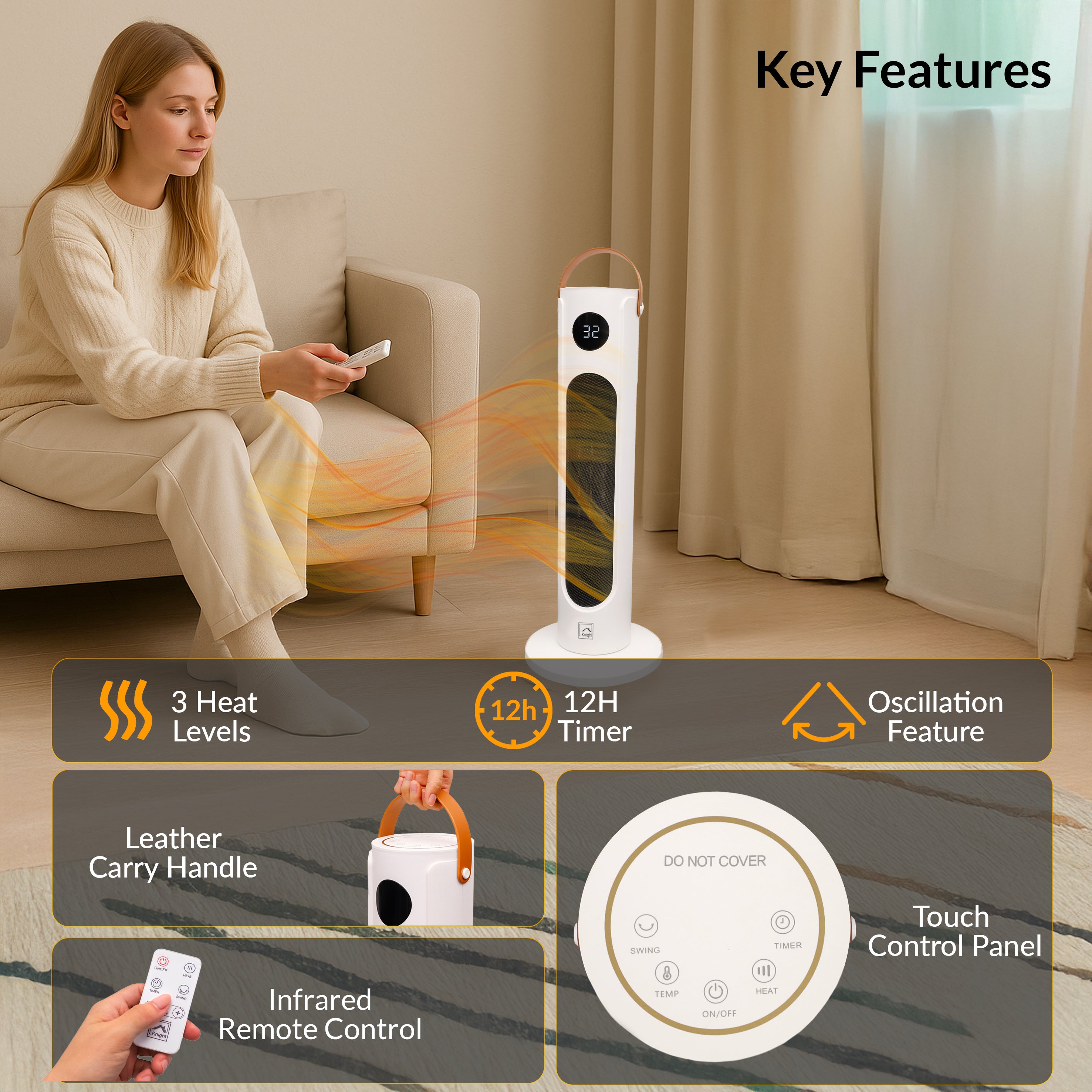 KNIGHT Electric Heater 2000W – Portable Ceramic Fan Heater