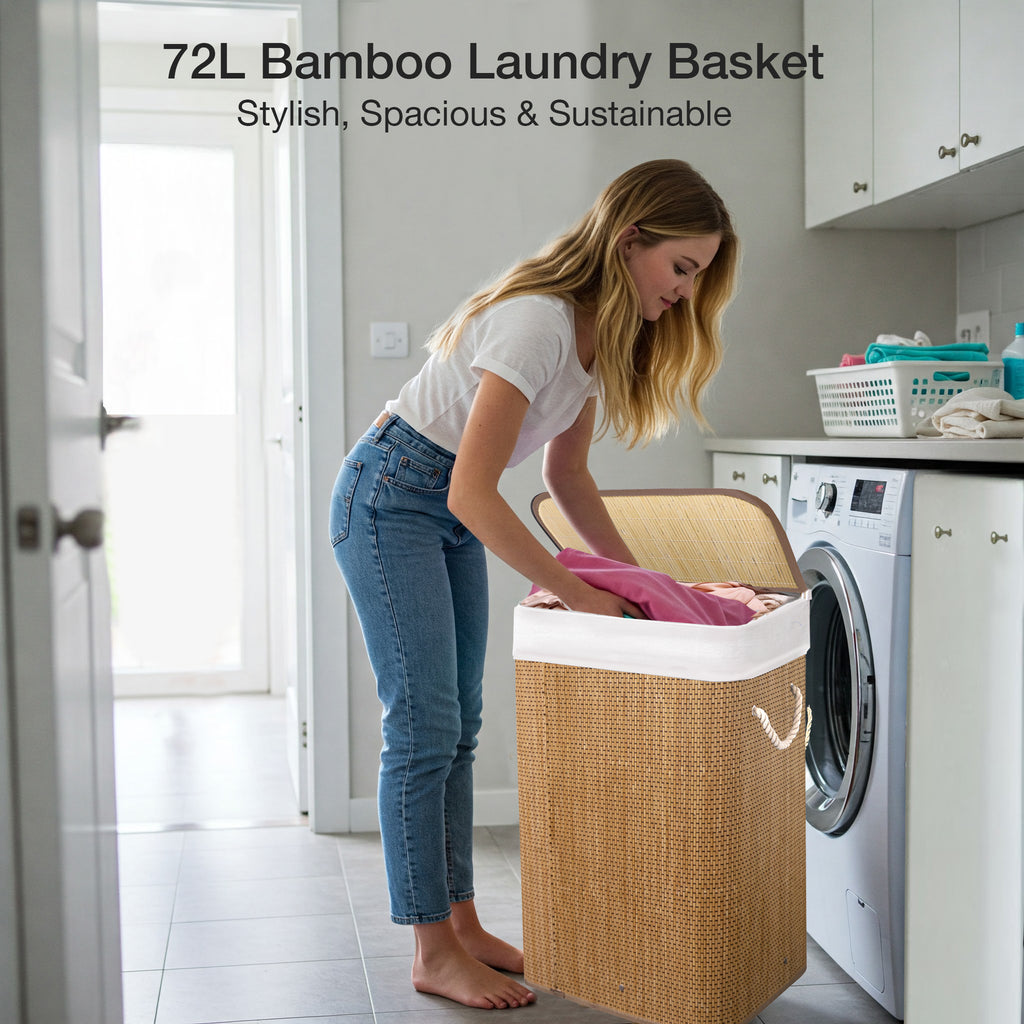 KNIGHT Bamboo Laundry Basket, 72L Laundry Hamper with Removable Washable Lining – Dark Natural