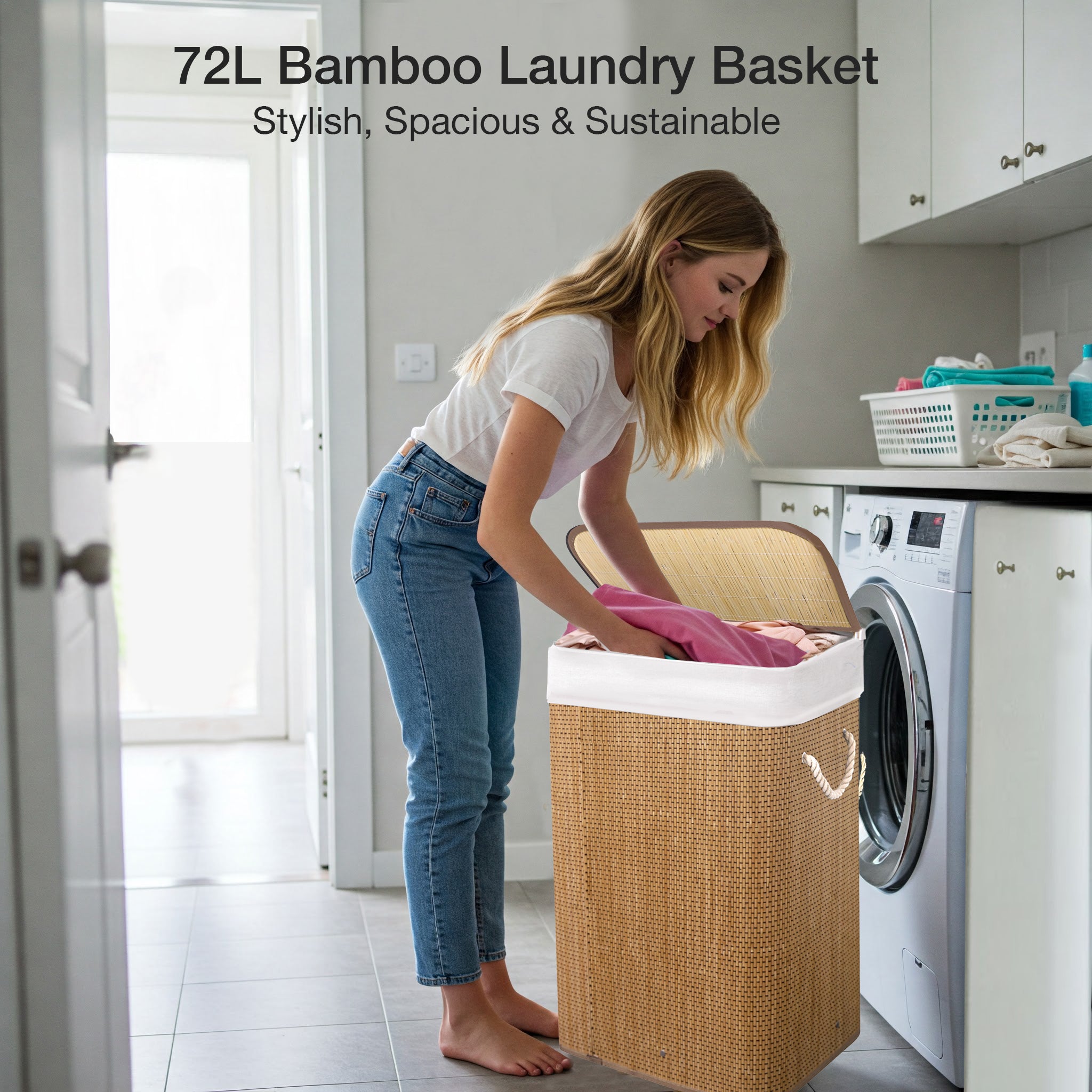 KNIGHT Bamboo Laundry Basket, 72L Laundry Hamper with Removable Washable Lining – Dark Natural
