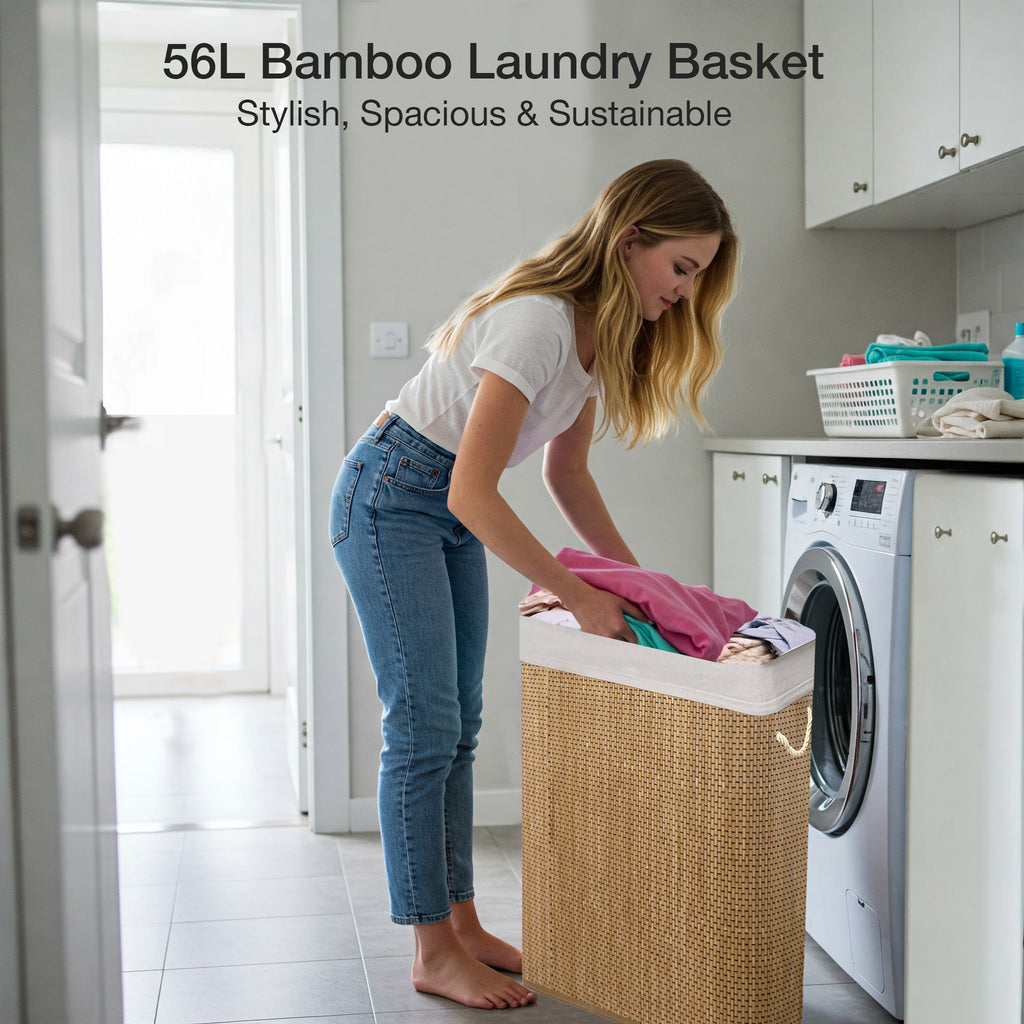 Knight Bamboo Laundry Basket with Lid, 56L Laundry Hamper with Handles & Removable Washable Lining, Easy Assemble Easy Folding Storage Bin 20x18x60 cm (Natural)