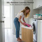 Knight Bamboo Laundry Basket with Lid, 56L Laundry Hamper with Handles & Removable Washable Lining, Easy Assemble Easy Folding Storage Bin 20x18x60 cm (Natural)