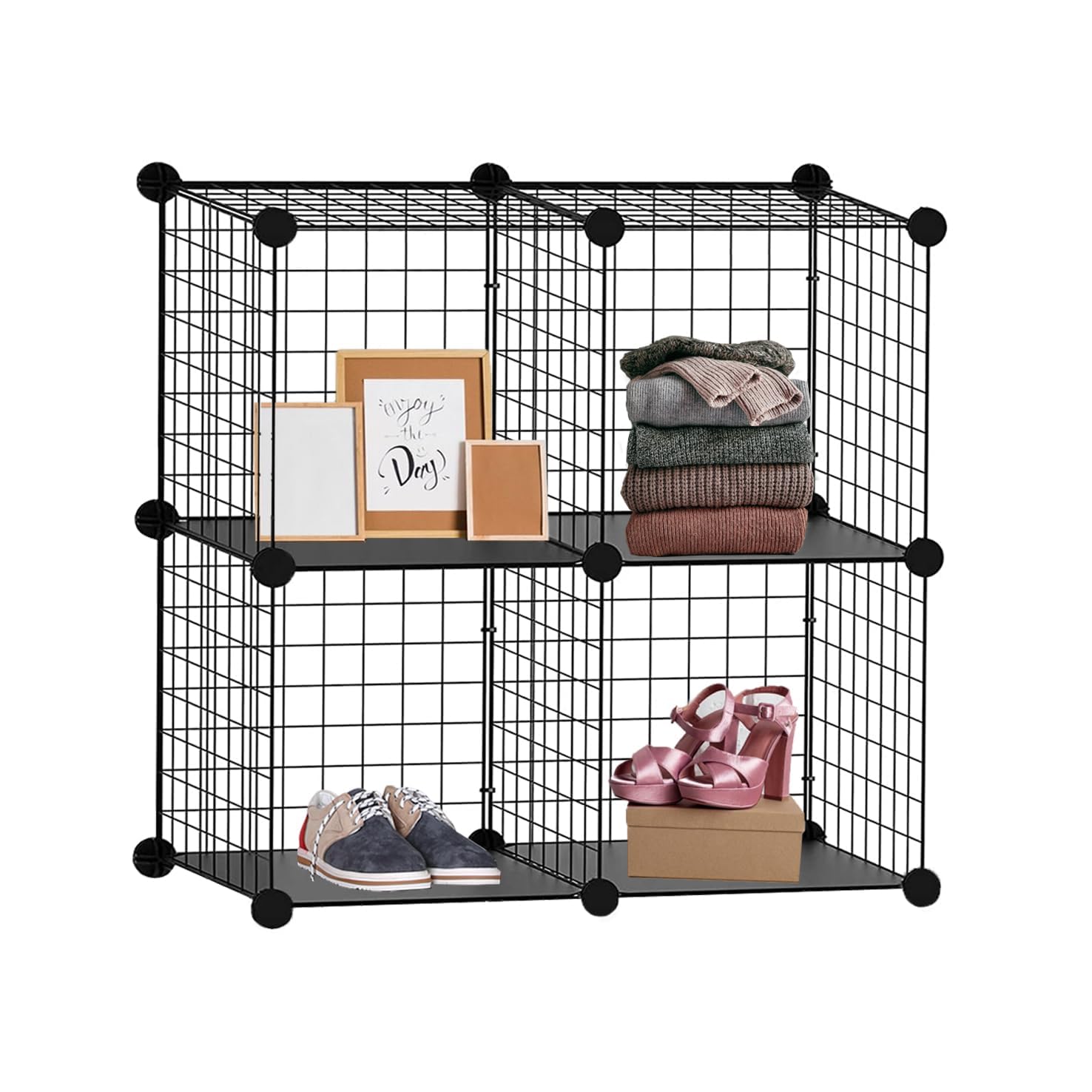 922662-KNIGHT Cube Interlocking Storage Rack with Metal Wire Storage Cube-Black