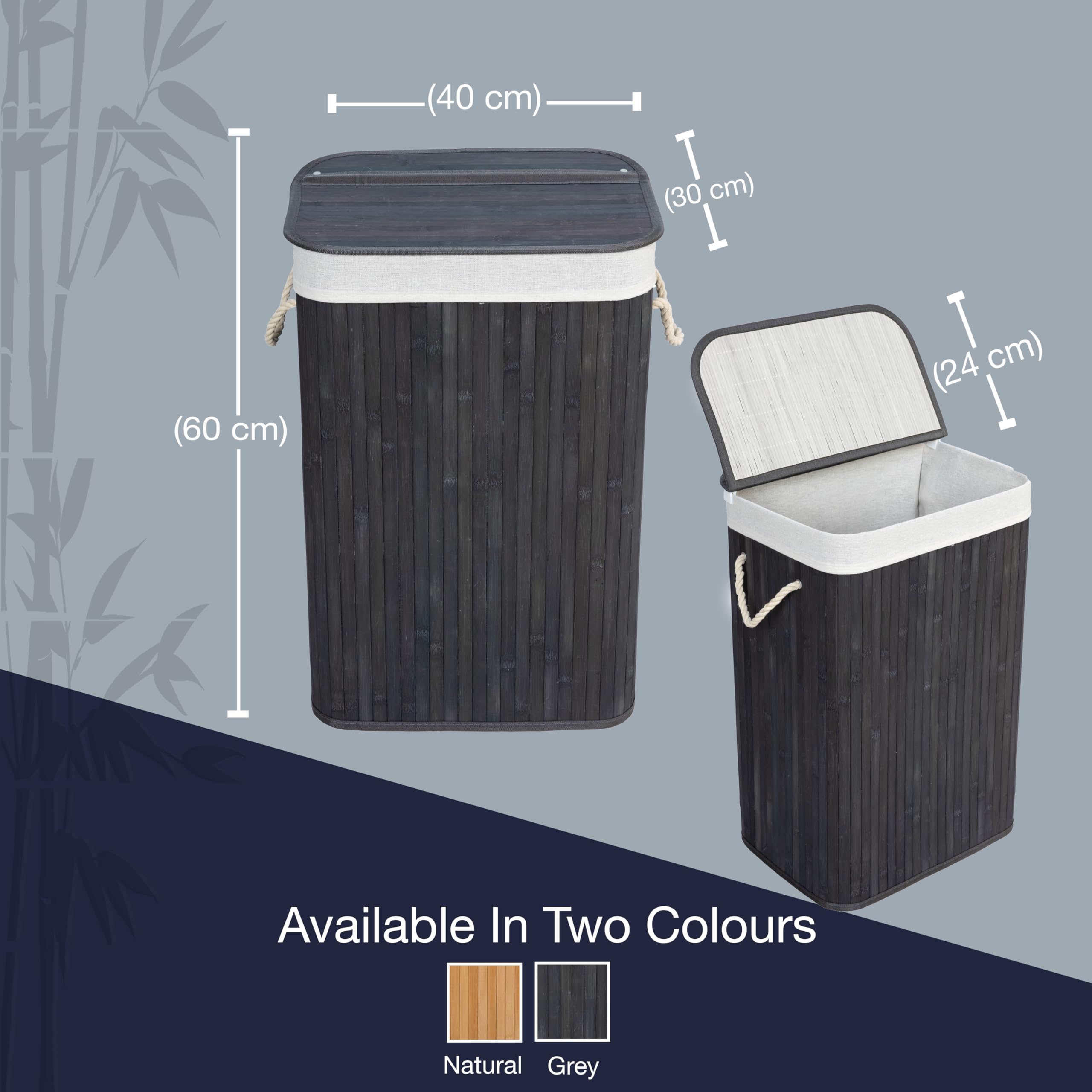 Knight Bamboo Laundry Basket, 72L Laundry Hamper with Removable Washable Lining, Easy Assemble Easy Folding Storage Bin 40x30x60 cm (Black)