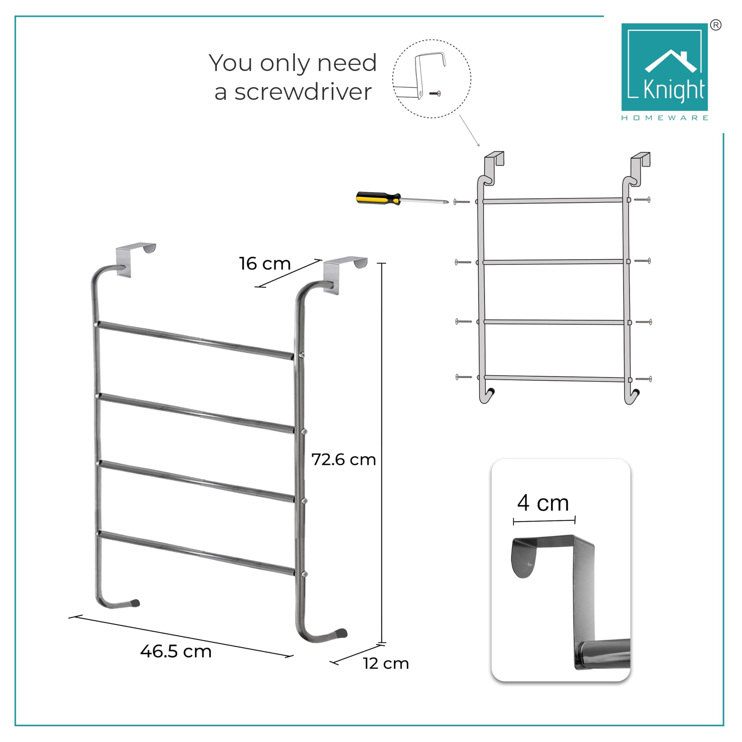 Knight Over Door Towel Rail With 4 Towel Bar | Hanging Towel Rack For Bathroom & Kitchen | Hand Towel Holder | Kitchen Towel Holder | Chrome Finish.