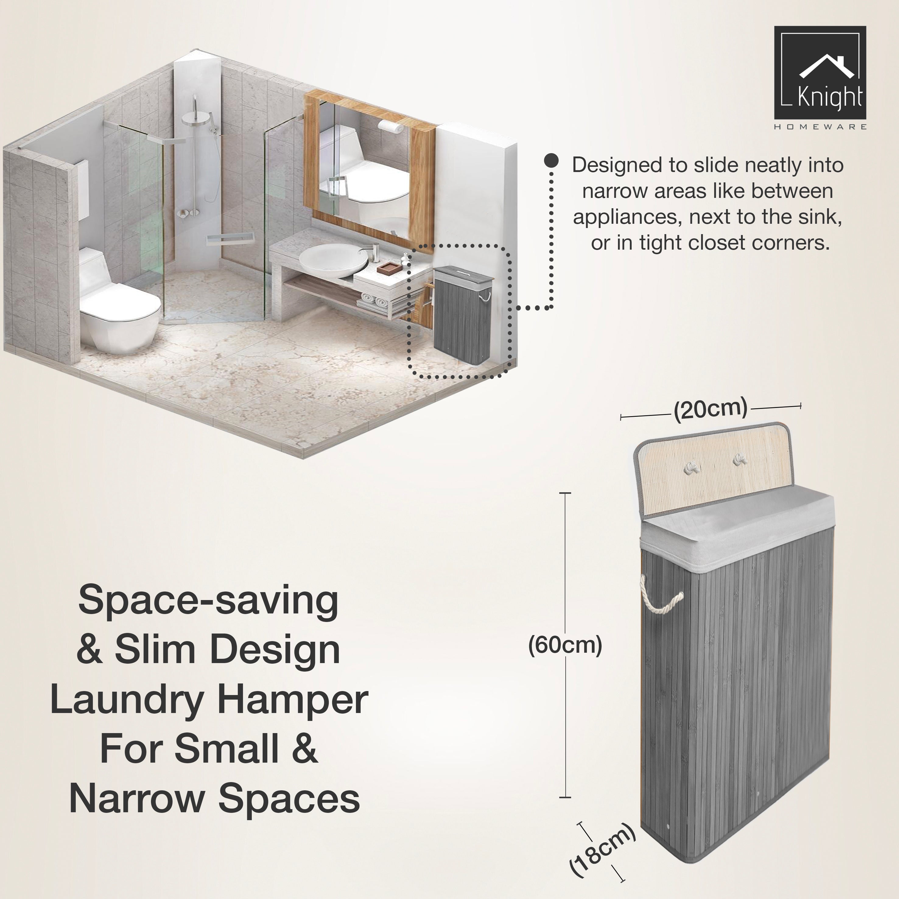 Knight Bamboo Laundry Basket with Lid, 56L Slim Laundry Hamper with Handles & Removeable Washable Lining, Easy Assemble Storage Bin 44x20x60 cm (Grey)