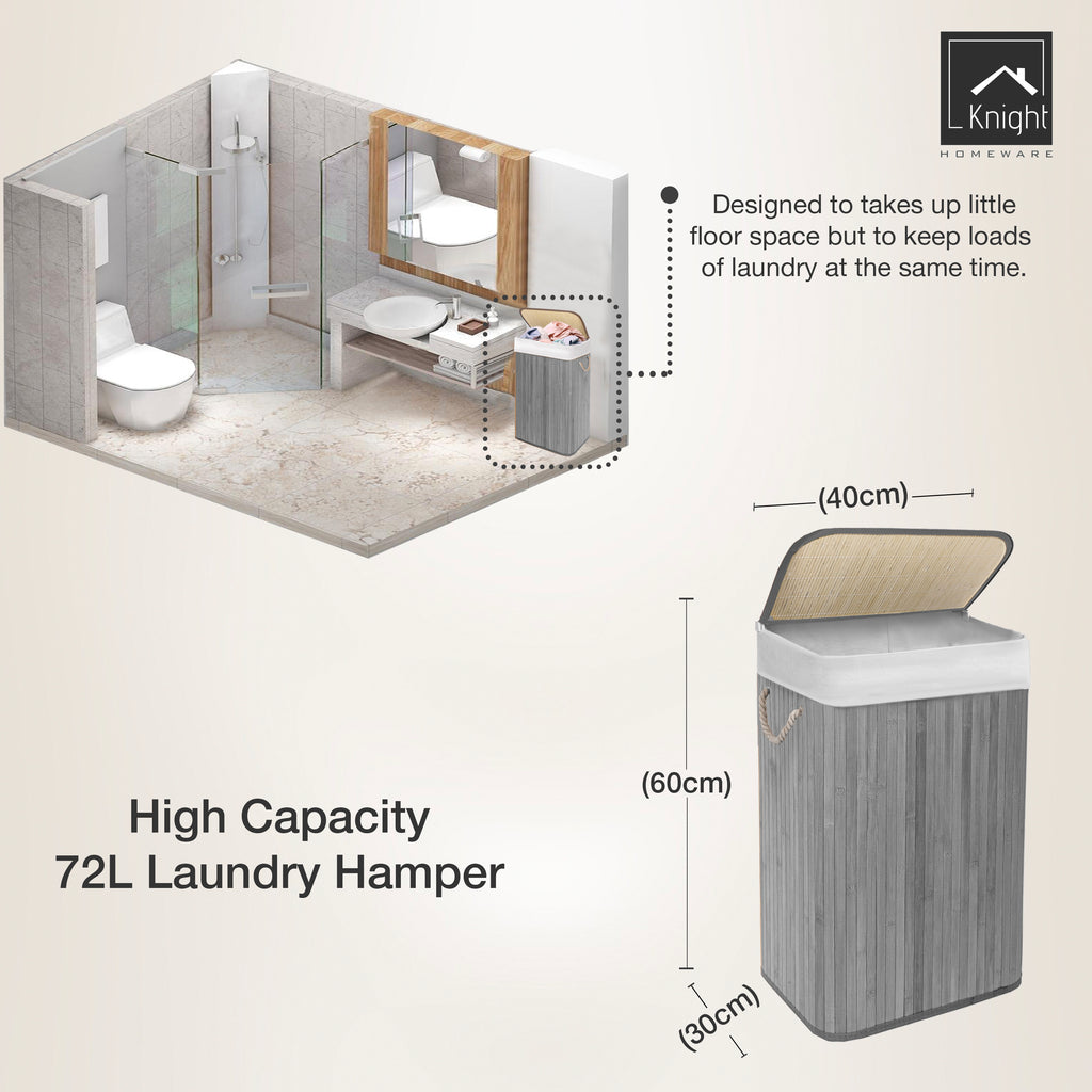 KNIGHT Bamboo Laundry Basket, 72L Laundry Hamper with Removable Washable Lining – Grey