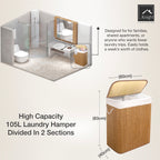 Knight Bamboo Laundry Hamper 105L - Dual Compartment Basket, Removable & Washable Liner, Foldable, Natural, for Bedroom & Bathroom, 52x32x63cm  ( Natural)