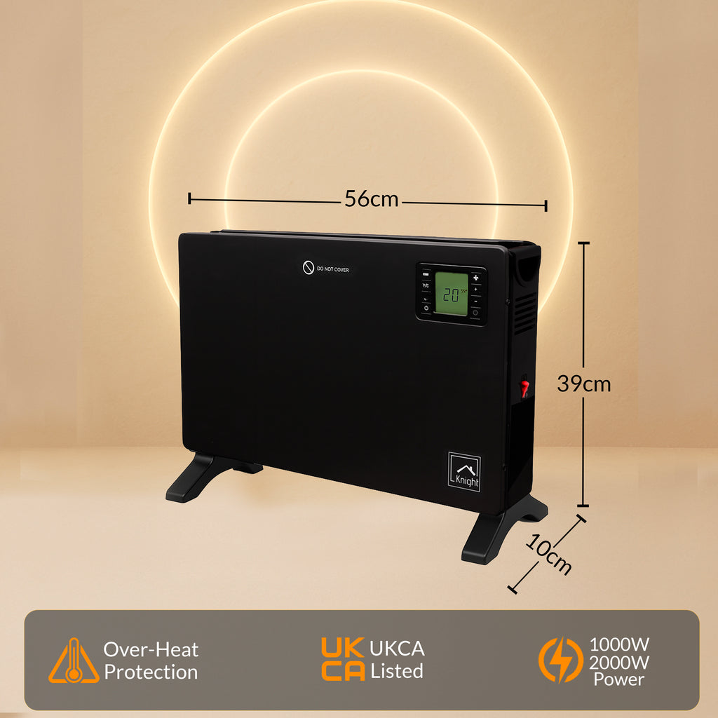 Knight Convector Heater with Remote Control & Timer, Turbo Fan, Freestanding Floor Heater with LED Display, Touch Control Panel, Overheat Protection & Carry Handles – Matt Black