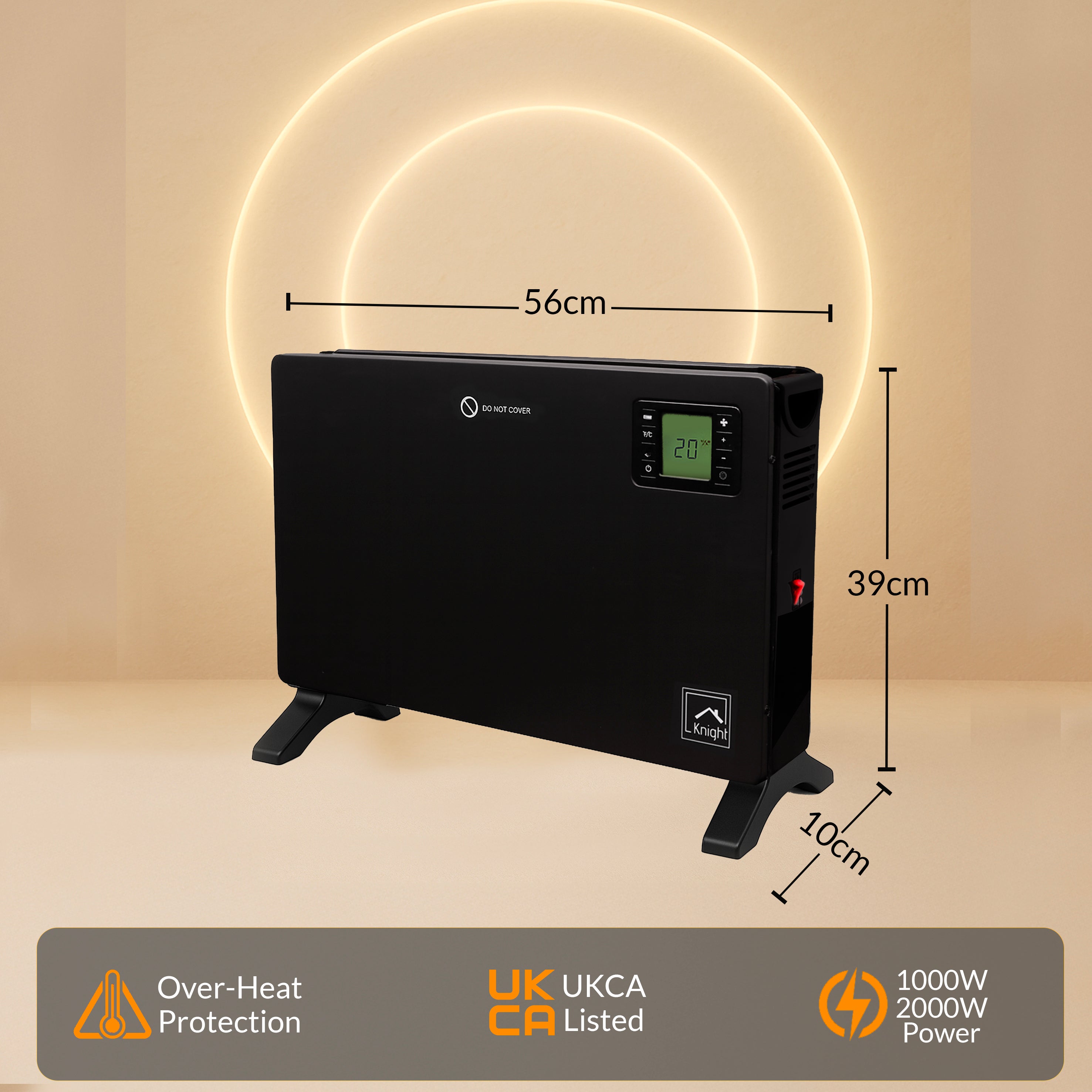 Knight Convector Heater with Remote Control & Timer, Turbo Fan, Freestanding Floor Heater with LED Display, Touch Control Panel, Overheat Protection & Carry Handles – Matt Black
