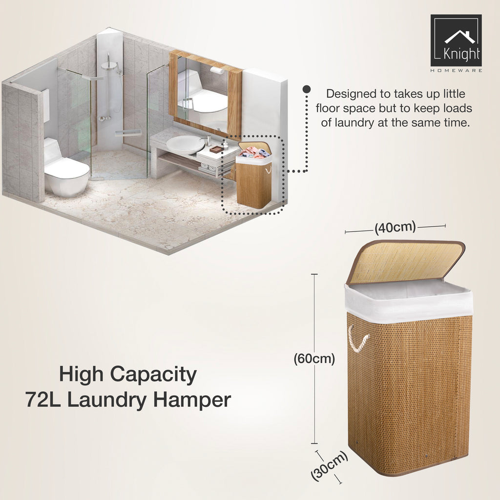 KNIGHT Bamboo Laundry Basket, 72L Laundry Hamper with Removable Washable Lining – Dark Natural