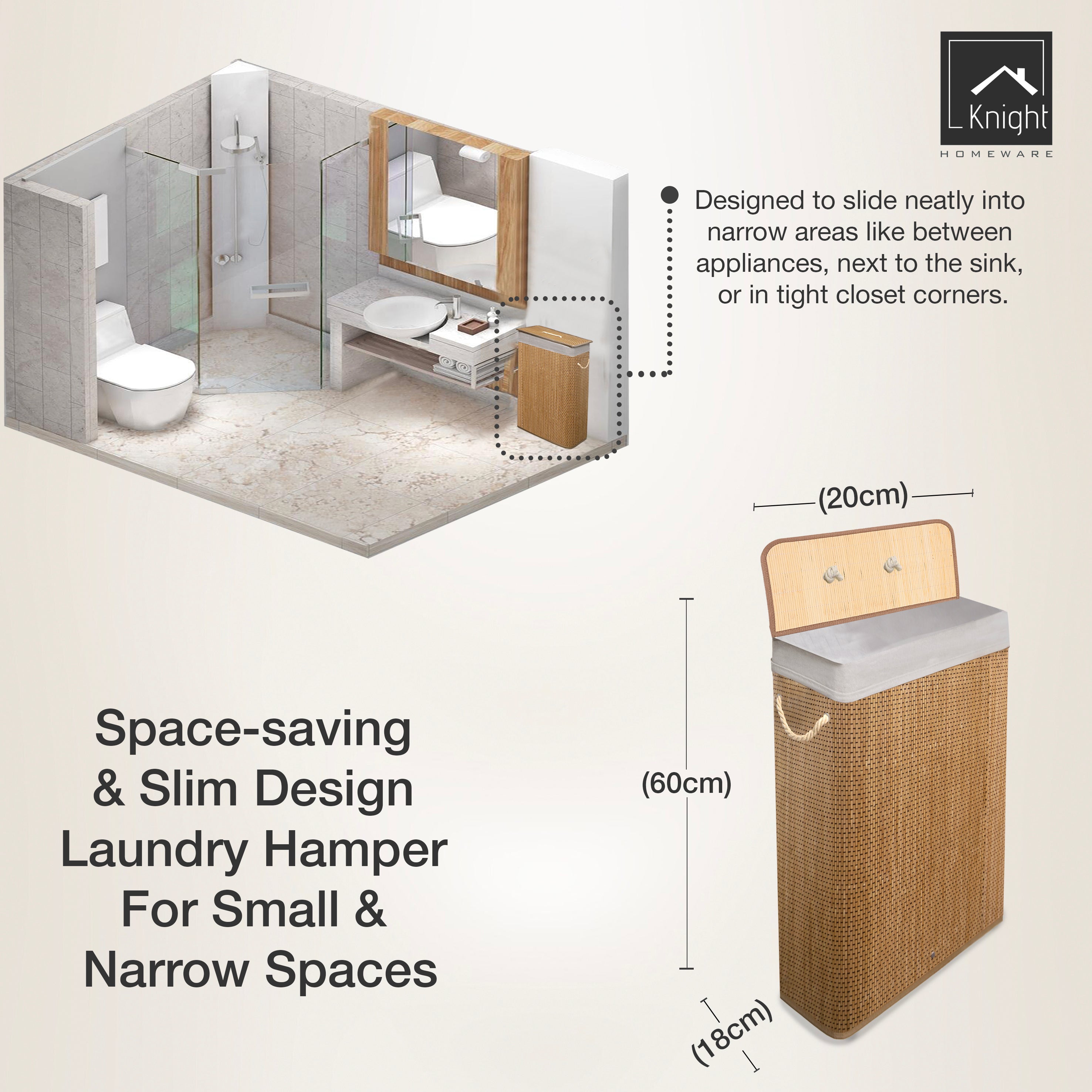 Knight Bamboo Laundry Basket with Lid, 56L Laundry Hamper with Handles & Removable Washable Lining, Easy Assemble Easy Folding Storage Bin 20x18x60 cm (Natural)