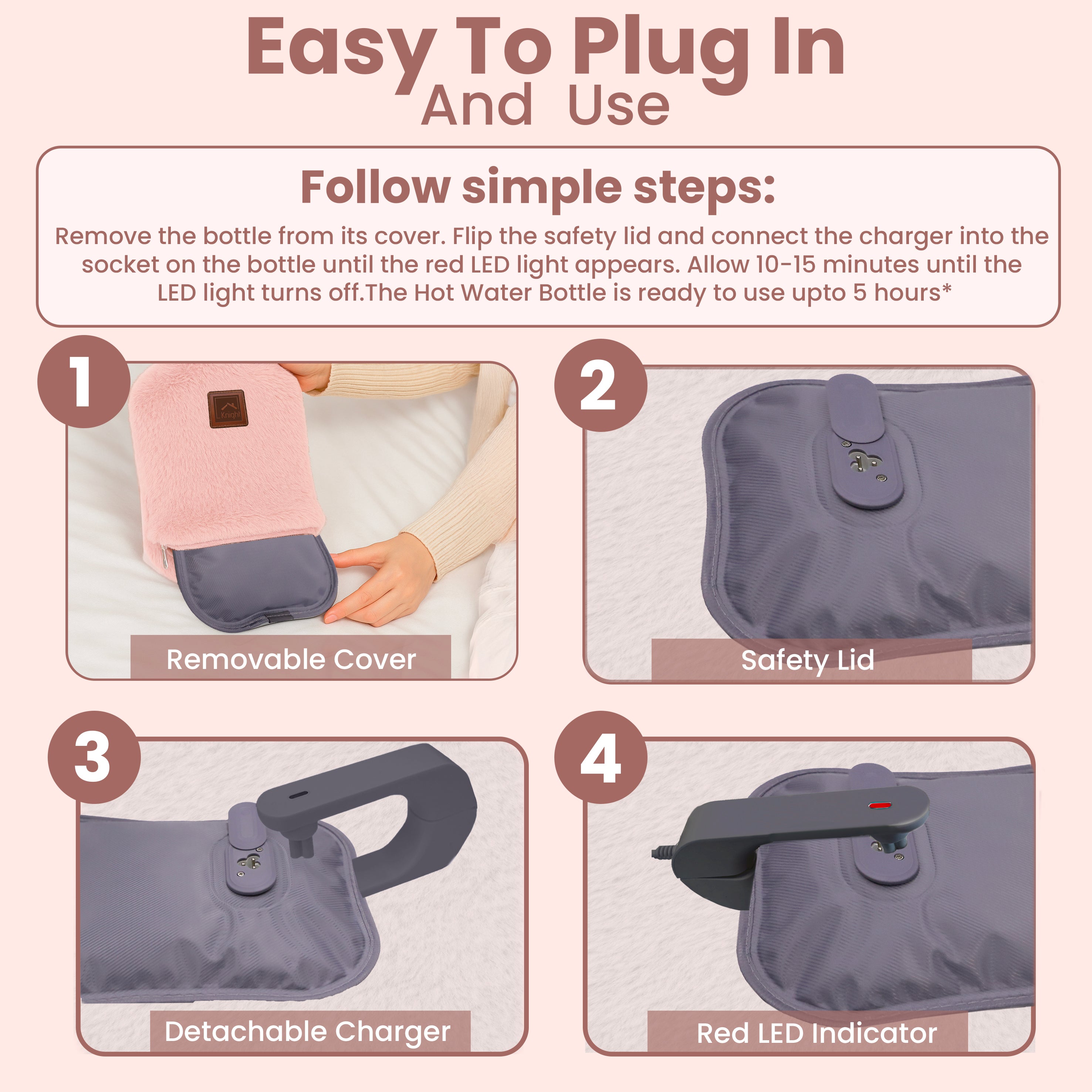 KNIGHT Rechargeable Hot Water Bottle with Charger – Pink