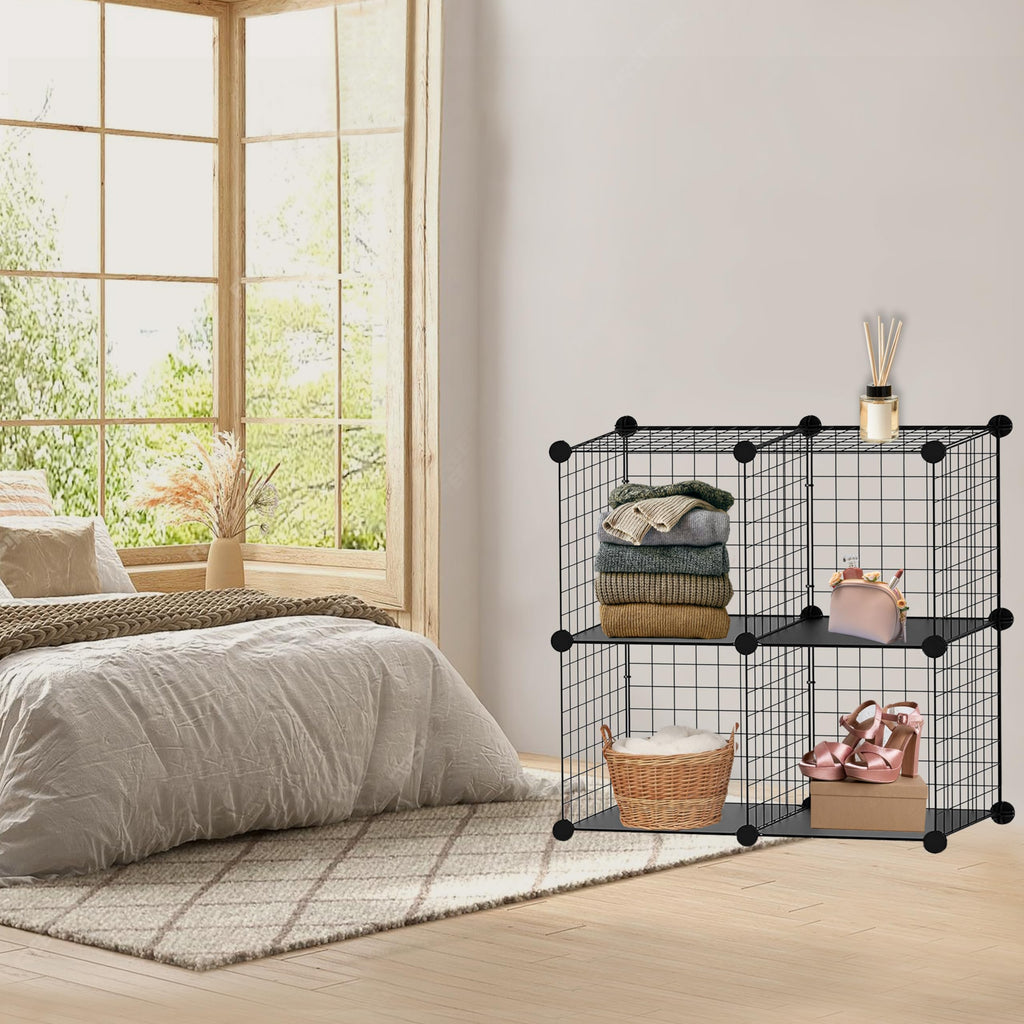Knight 4 Cube Interlocking Storage Rack | Metal Wire Mesh Shelves | Combination Display Stand Unit | Large Capacity | Free Rubber Mallet | 62x31x62cm | Black