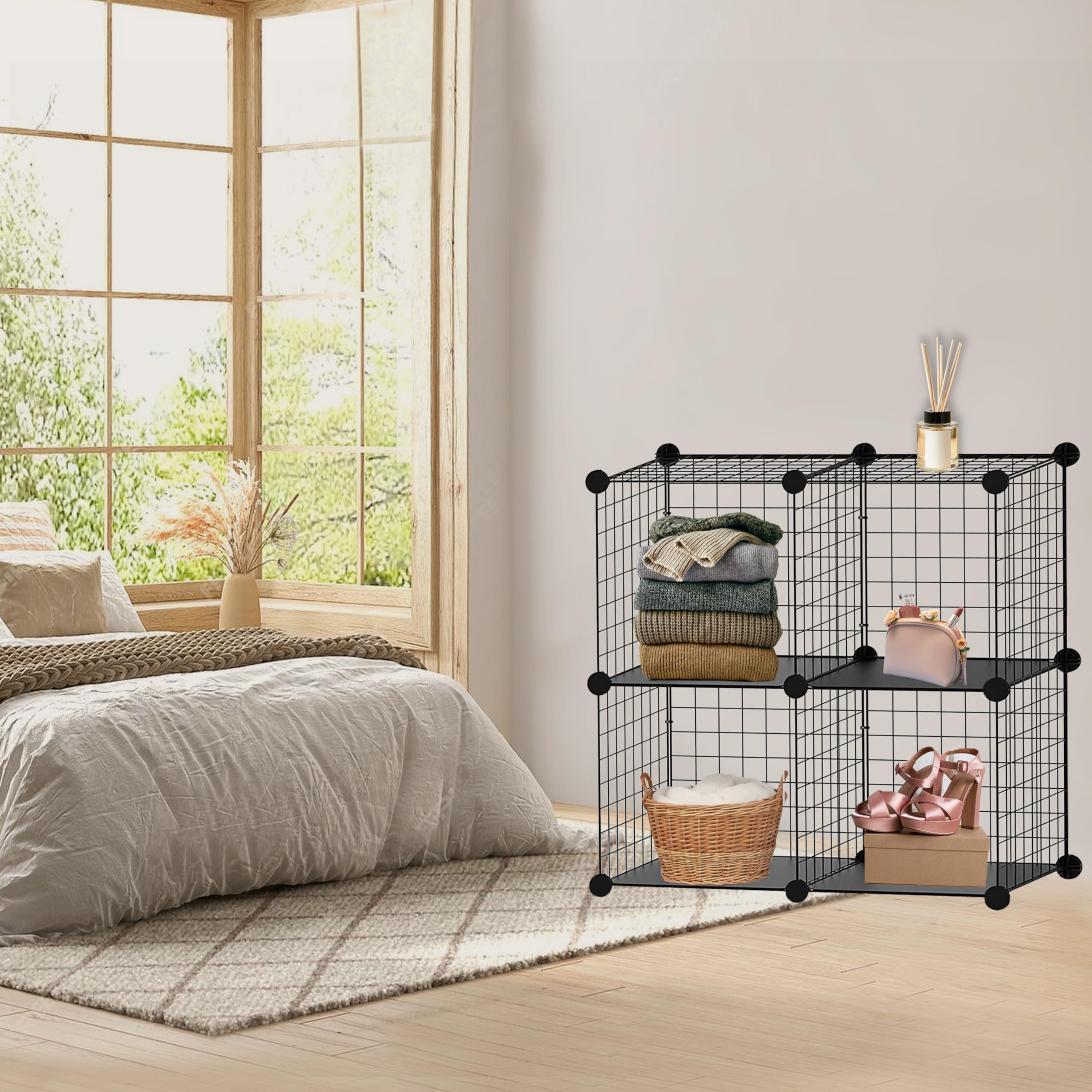 Knight 4 Cube Interlocking Storage Rack | Metal Wire Mesh Shelves | Combination Display Stand Unit | Large Capacity | Free Rubber Mallet | 62x31x62cm | Black