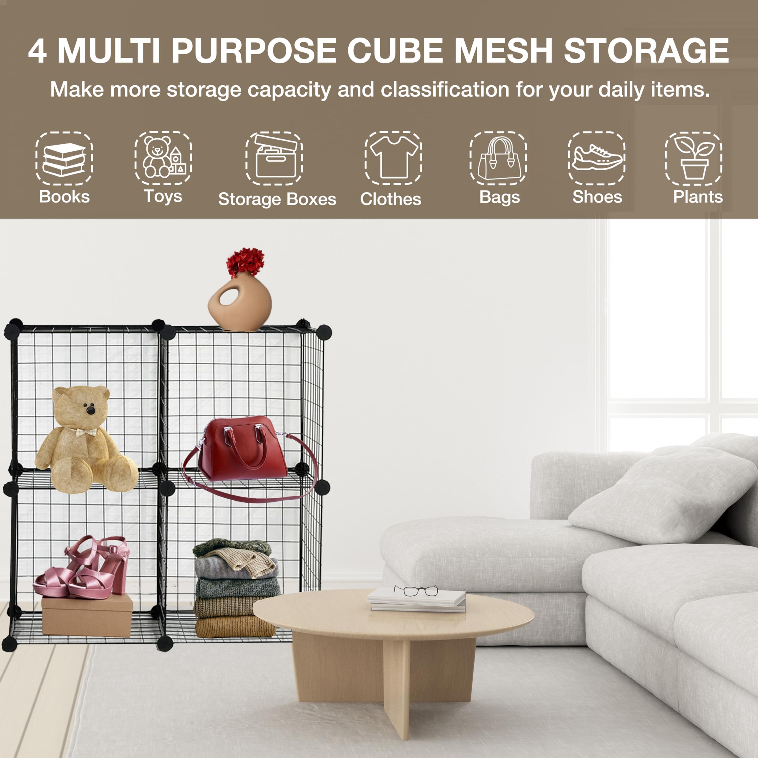 922662-KNIGHT Cube Interlocking Storage Rack with Metal Wire Storage Cube-Black