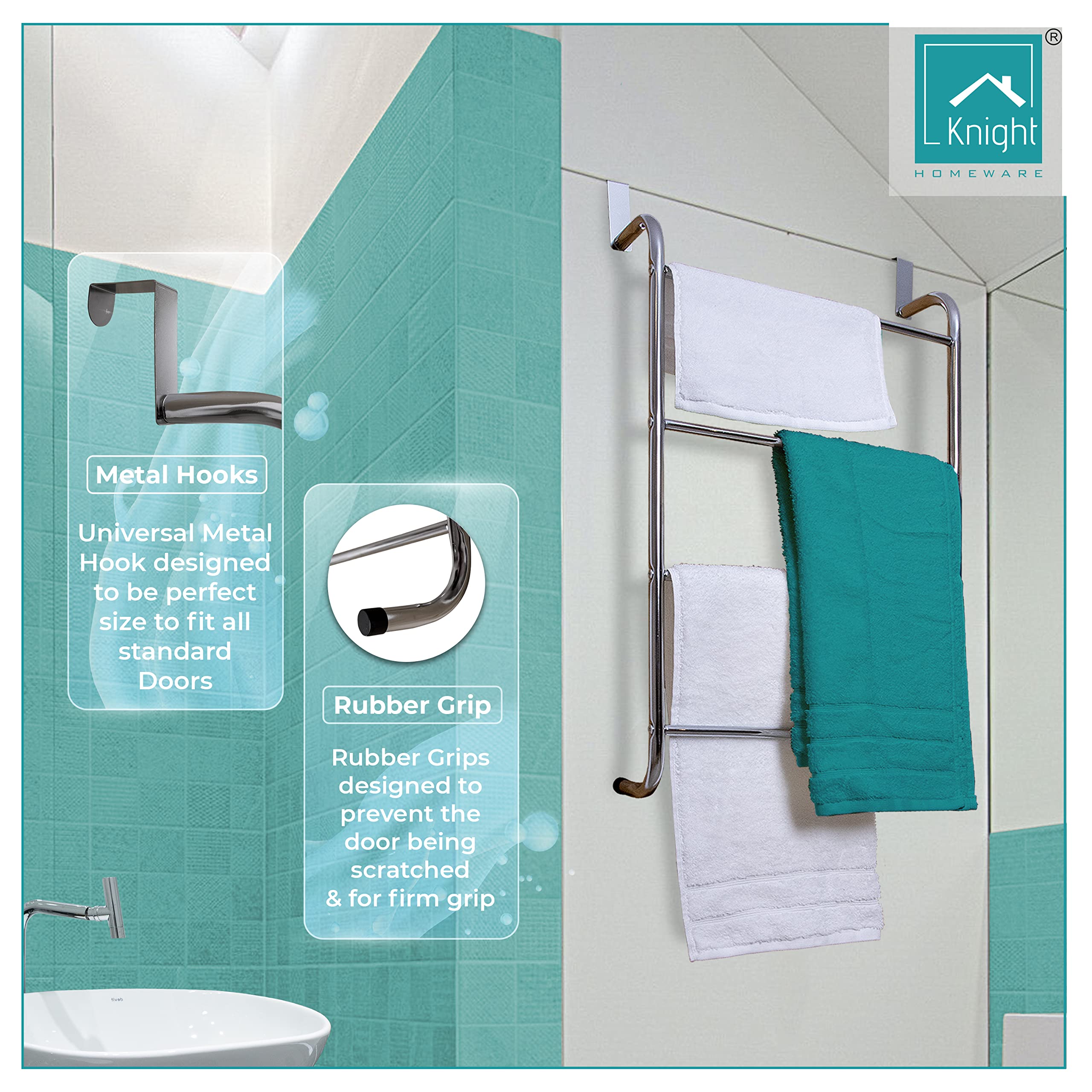 Knight Over Door Towel Rail With 4 Towel Bar | Hanging Towel Rack For Bathroom & Kitchen | Hand Towel Holder | Kitchen Towel Holder | Chrome Finish.