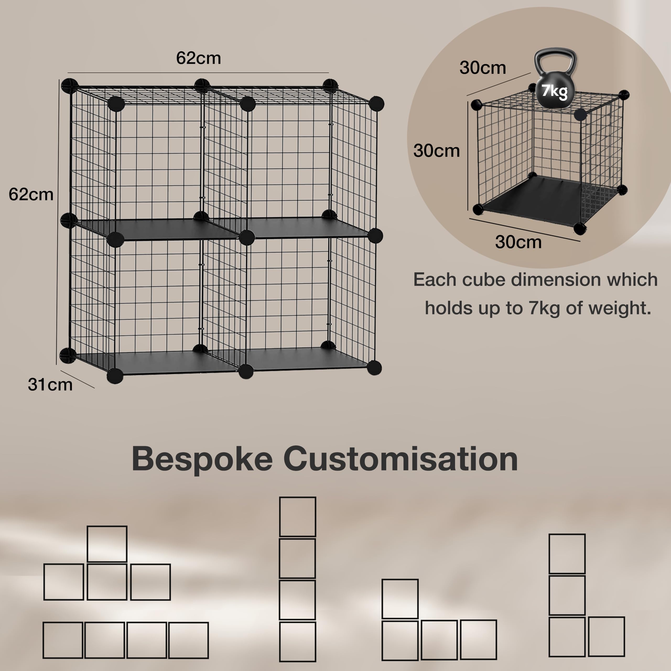922662-KNIGHT Cube Interlocking Storage Rack with Metal Wire Storage Cube-Black