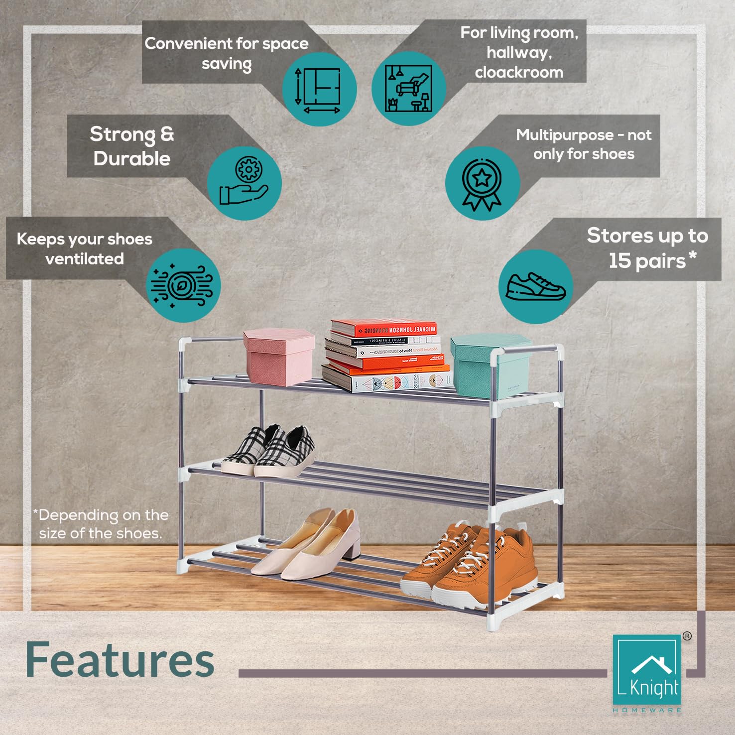 Knight 3 Tier Heavy Duty Metal Shoe Rack-Grey